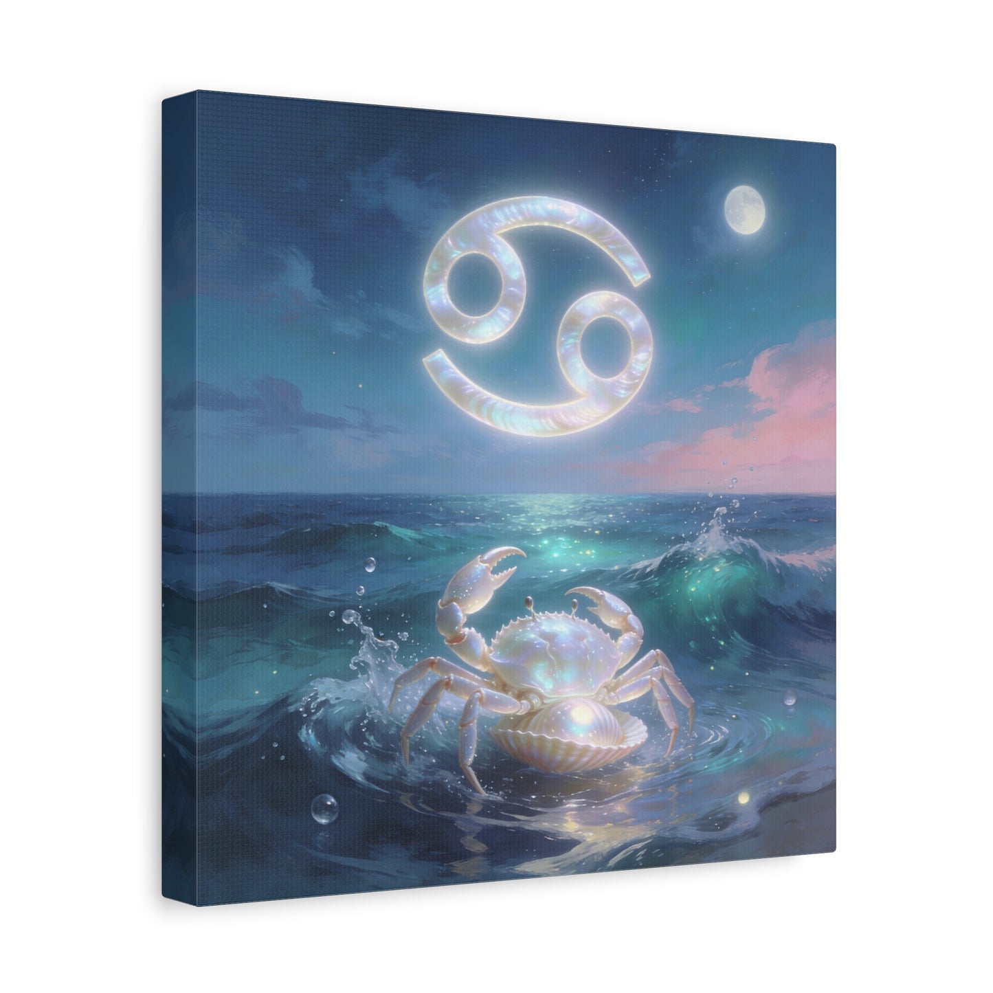 Cancer Zodiac Canvas Wall Art - Moonlit Ocean Crab, Iridescent Shell Symbol - Coastal Celestial Print, Dreamy Blue Seascape - Bedroom Home Decoration, Living Room Wall Decor - Bedroom Home Decoration