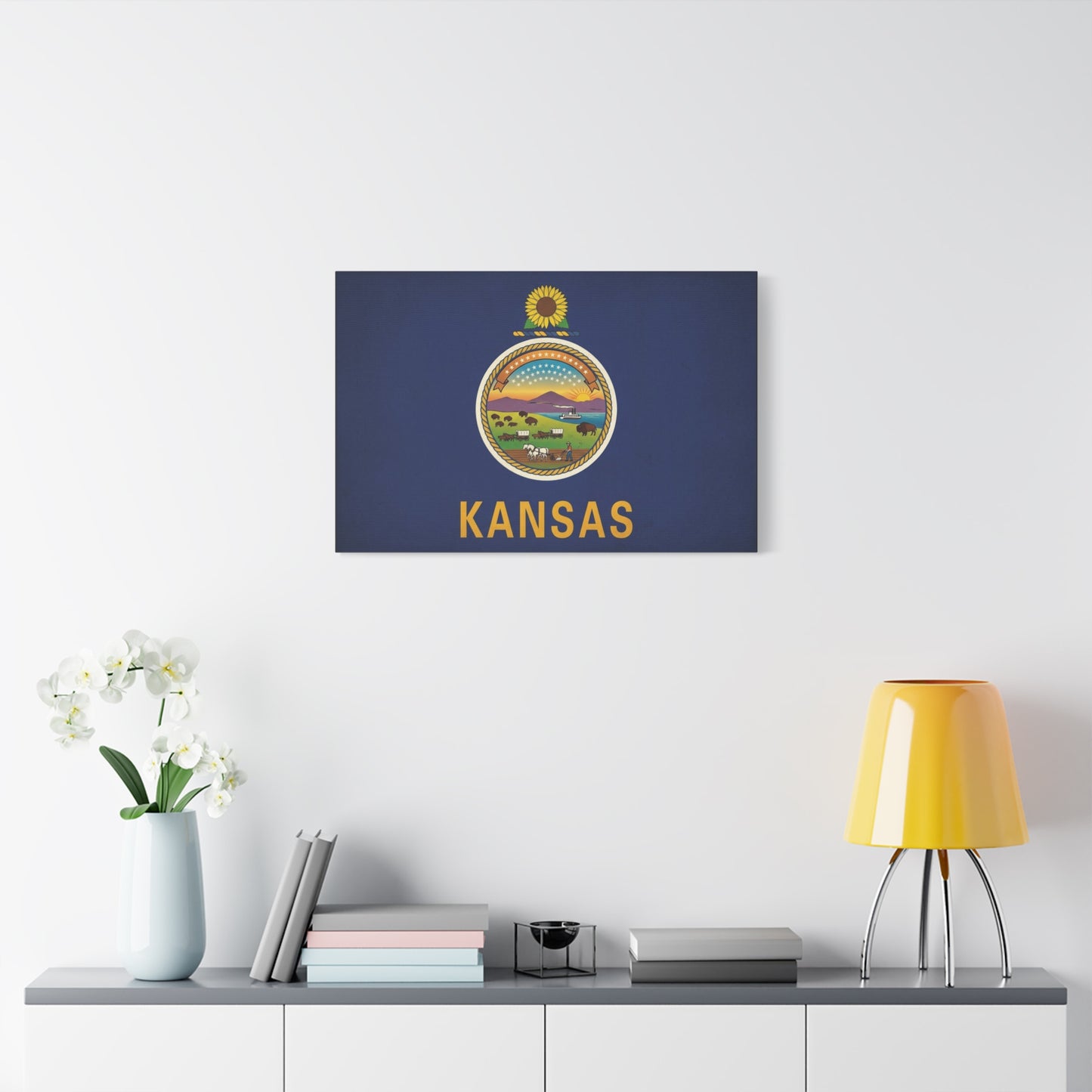 Kansas State Flag Canvas Wall Art - Sunflower Seal Prairie Buffalo Wagon Sunset Print - Vintage Blue Typography Decor - Living Room Wall Decor, Office Art, Dorm Accent - Bedroom Home Decoration