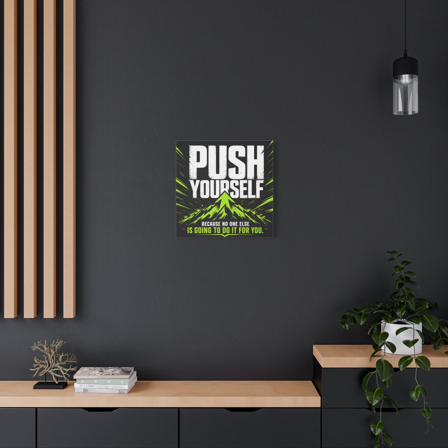"Push Yourself Because No One Else Is Going To Do It For You" Motivational Canvas Wall Art - Bold Typography Quote Print, Modern Black Neon Green Design - Home Office Wall Decor, Teen Room