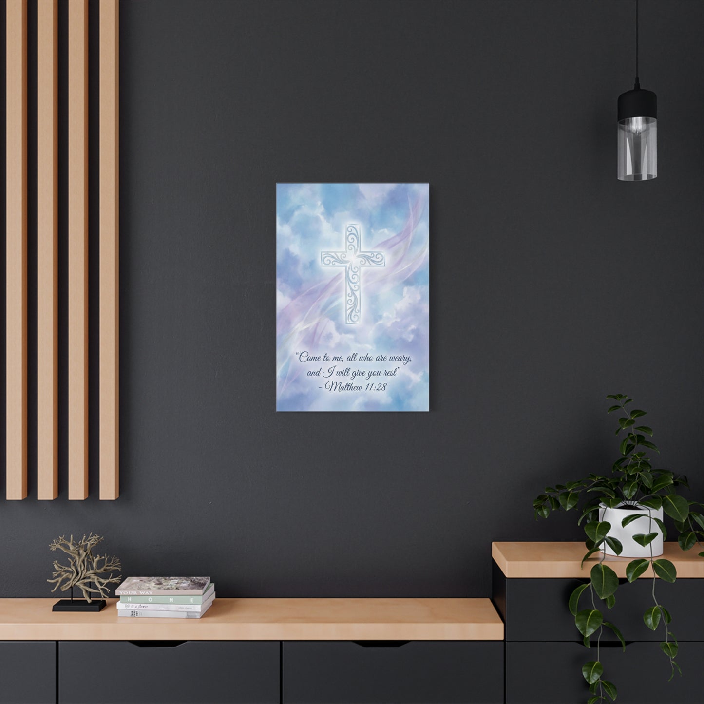 "Come To Me, All Who Are Weary, And I Will Give You Rest" Cross Canvas Wall Art - Matthew 11:28 Scripture Decor, Traditional Christian Wall Hanging, Serene Bedroom Living Room Accent - Ready to Hang