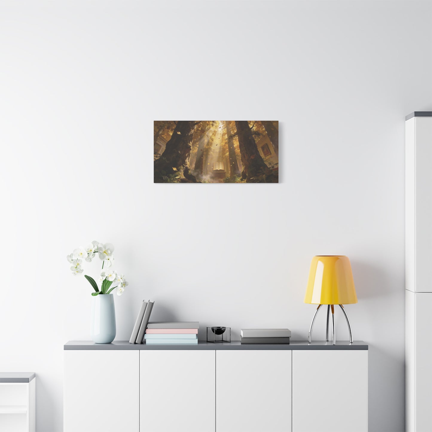 Enchanted Forest Library Canvas Wall Art - Sunbeams, Open Book, Autumn Trees - Matte Cotton Art Print - Fantasy Landscape Style - Living Room Wall Decor, Office Accent - Bedroom Home Decoration
