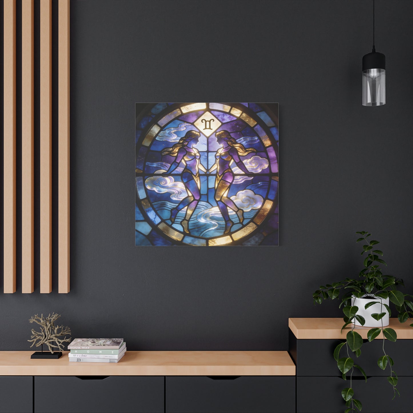 Gemini Zodiac Canvas Wall Art - Stained Glass Twin Women Celestial Print, Blue Purple Gold Astrology Decor - Modern Mystical Artwork - Bedroom Home Decoration Office Wall Art - Bedroom Home Decoration
