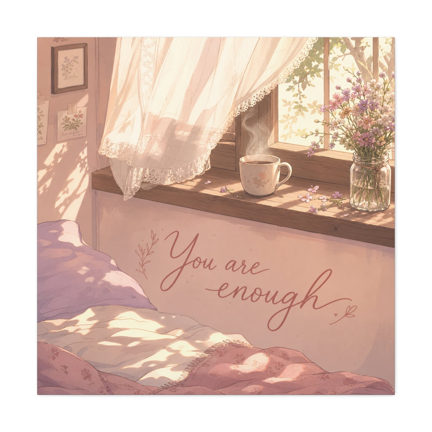 "You Are Enough" Inspirational Canvas Wall Art - Sunlit Bedroom Window Flowers, Cozy Pink Cottagecore Decor - Matte Affirmation Print - Bedroom Home Decoration, Teen Room Accent - Office Wall Art