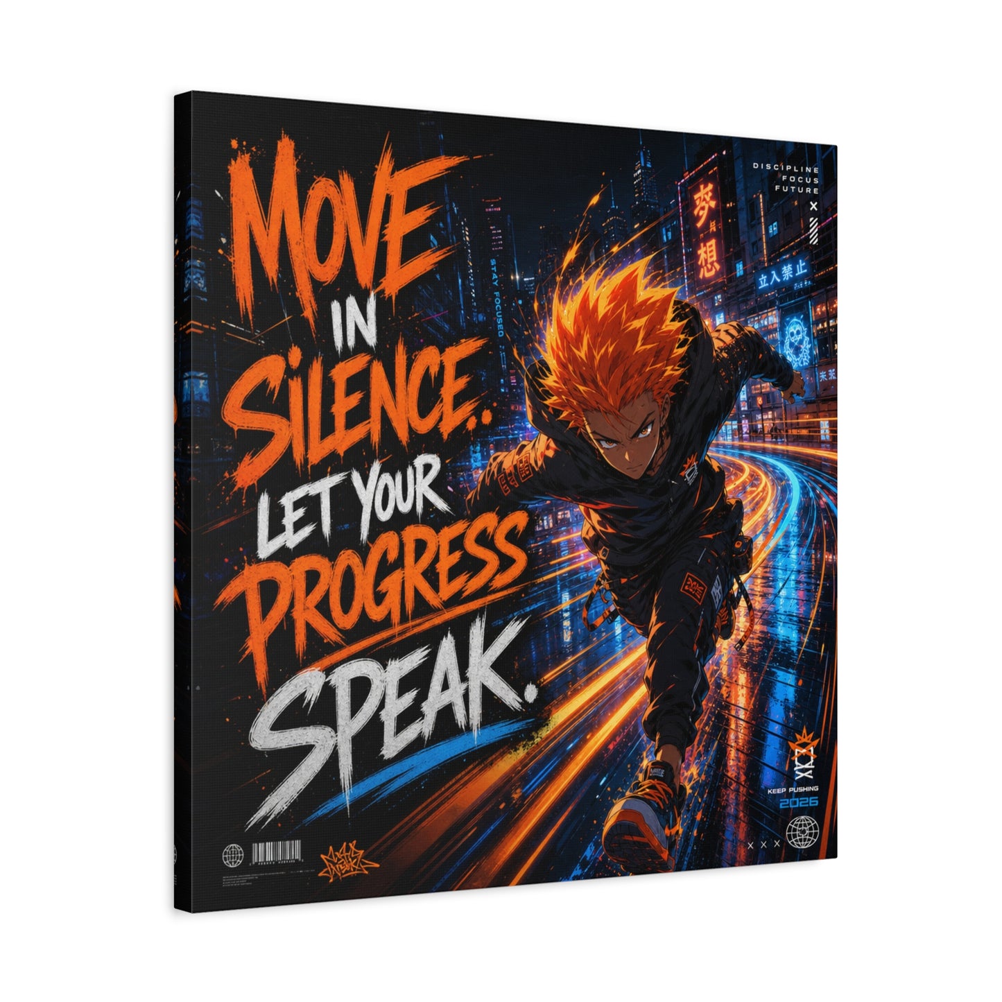 "Move In Silence Let Your Progress Speak" Anime Canvas Wall Art - Cyberpunk Runner Motivational Quote Print, Neon City Street Illustration - Teen Bedroom Decor, Home Office Accent - Office Wall Art