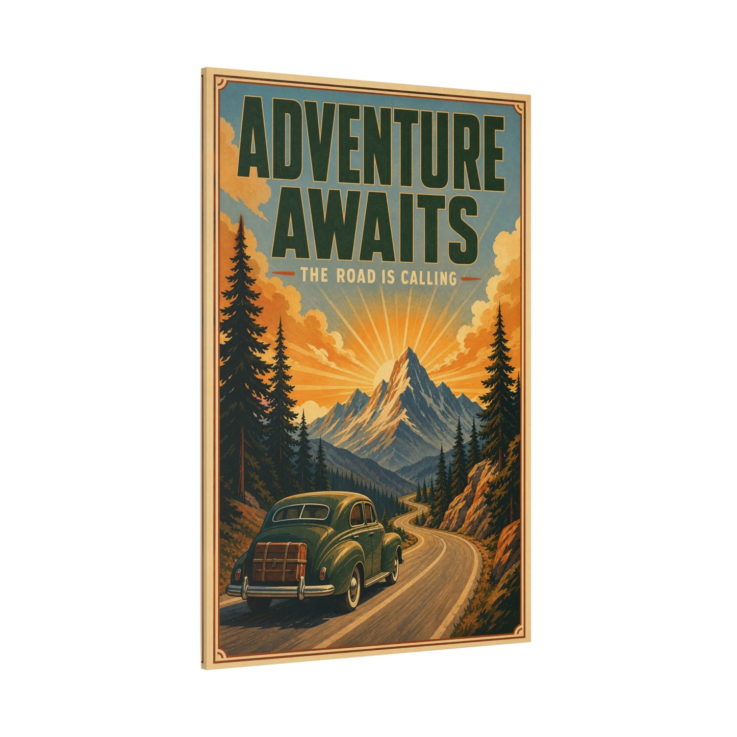 "Adventure Awaits The Road Is Calling" Vintage Travel Canvas Wall Art - Mountain Road Sunrise, Retro Car Poster Print - Adventure Decor, Living Room Wall Decor, Office Art - Bedroom Home Decoration