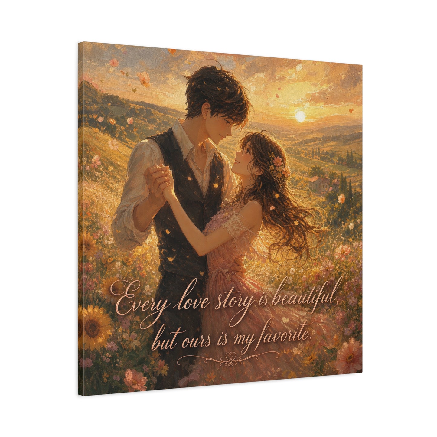 "Every Love Story Is Beautiful, But Ours Is My Favorite" Romantic Couple Canvas Wall Art - Golden Sunset Wildflower Field - Dreamy Rustic Style - Bedroom Wall Decor - Ready to Hang - Ready to Hang