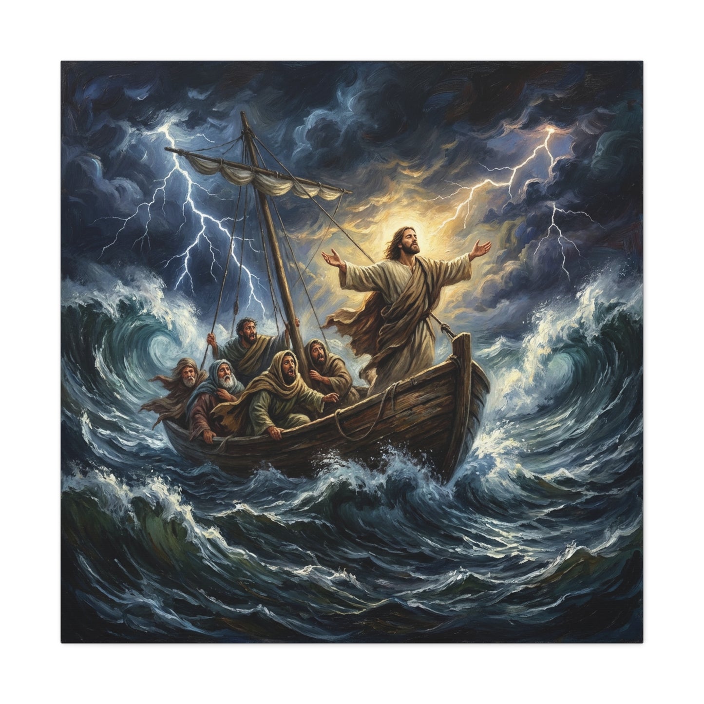 Jesus Calming The Storm Canvas Wall Art - Bible Boat Sea Scene, Dramatic Lightning Waves - Cotton Matte Print - Traditional Religious Decor For Living Room Office Bedroom - Living Room Wall Decor