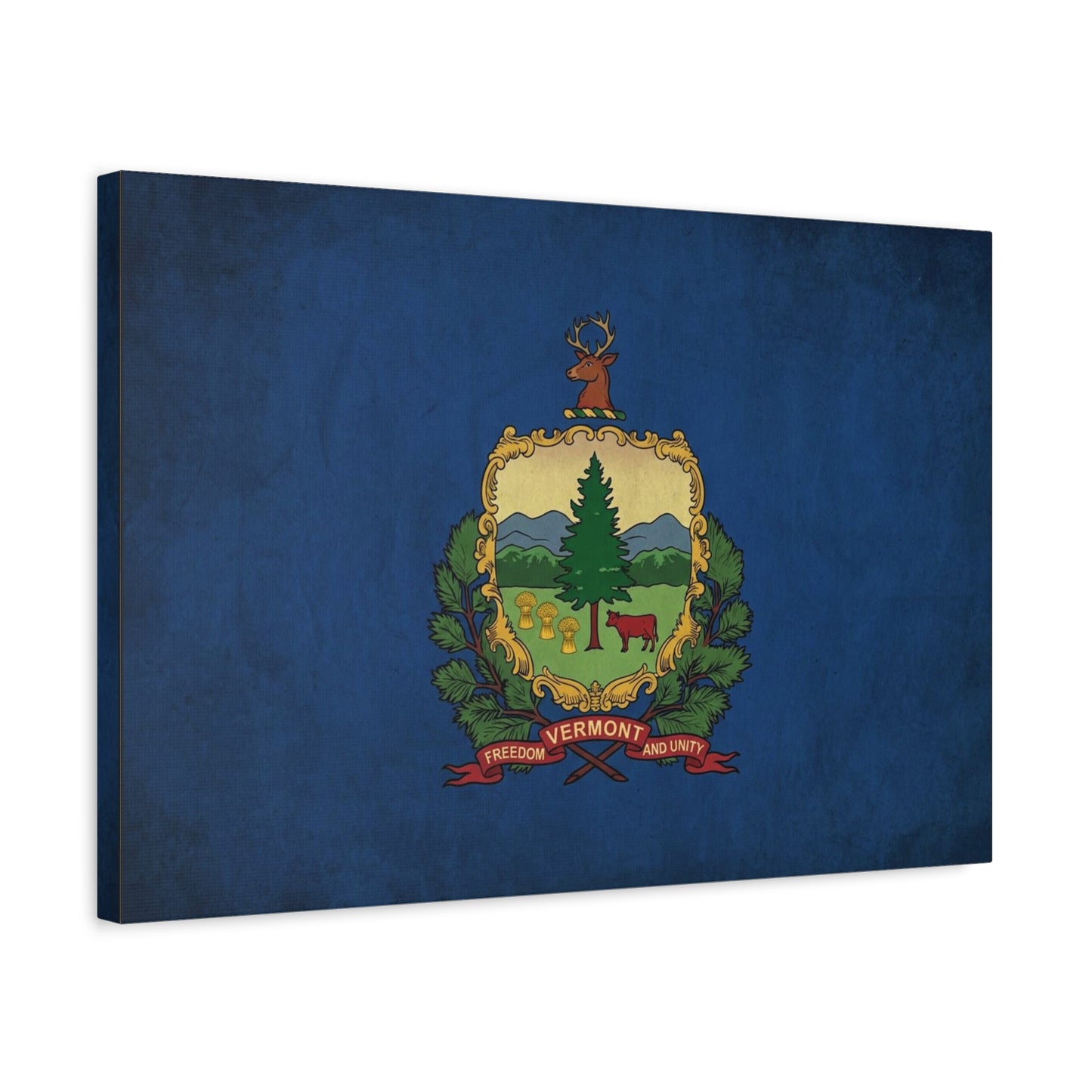 "VERMONT" State Flag Canvas Wall Art - Freedom And Unity Deer Crest Print - Vintage Blue Banner, Rustic Americana Style - Living Room Wall Decor, Office Decoration - Ready to Hang - Ready to Hang