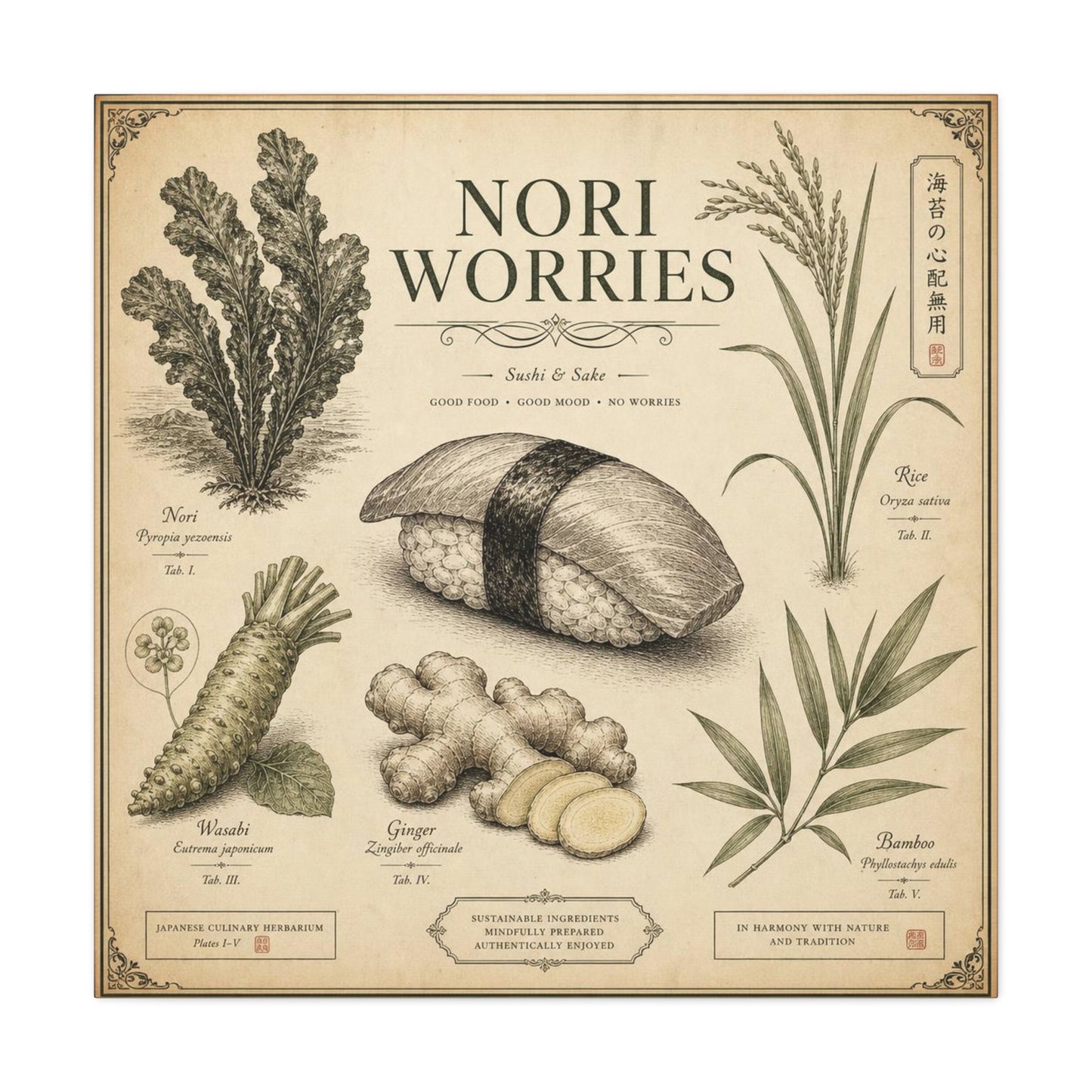 "Nori Worries" Sushi And Sake Canvas Wall Art - Vintage Japanese Culinary Herbarium Print, Rice Nori Wasabi Ginger Bamboo Illustration - Kitchen Wall Decor, Dining Room Accent - Modern Farmhouse Style