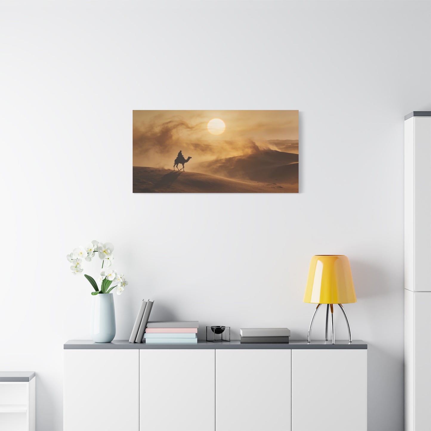 Desert Camel Rider Canvas Wall Art - Golden Sun Sand Dunes Landscape Print - Matte Cotton Artwork, Contemporary Style - Living Room Wall Decor, Bedroom Home Decoration - Bedroom Home Decoration