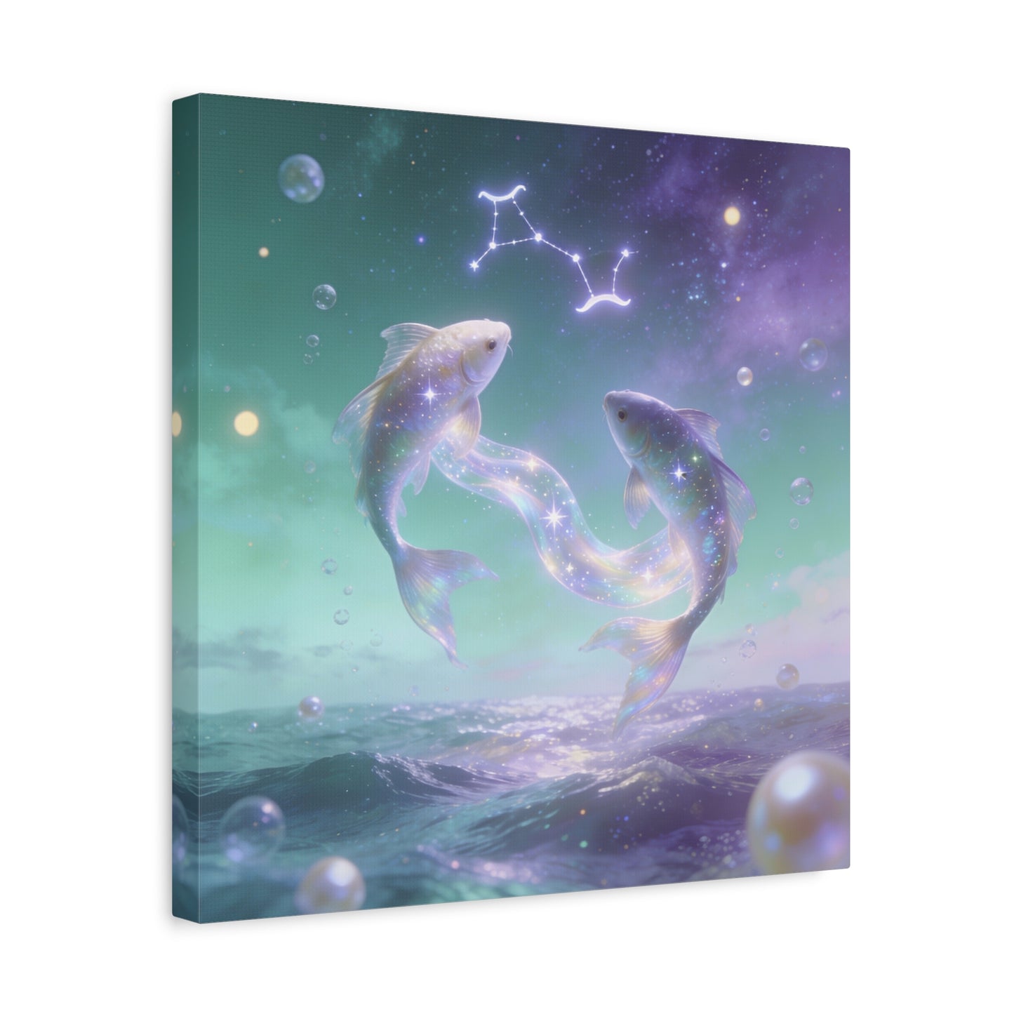 Pisces Fish Canvas Wall Art - Celestial Ocean Zodiac Illustration, Dreamy Aurora Nightscape, Matte Cotton Print, Mystical Bedroom Accent, Meditation Space Piece, Office Interior Style - Ready to Hang