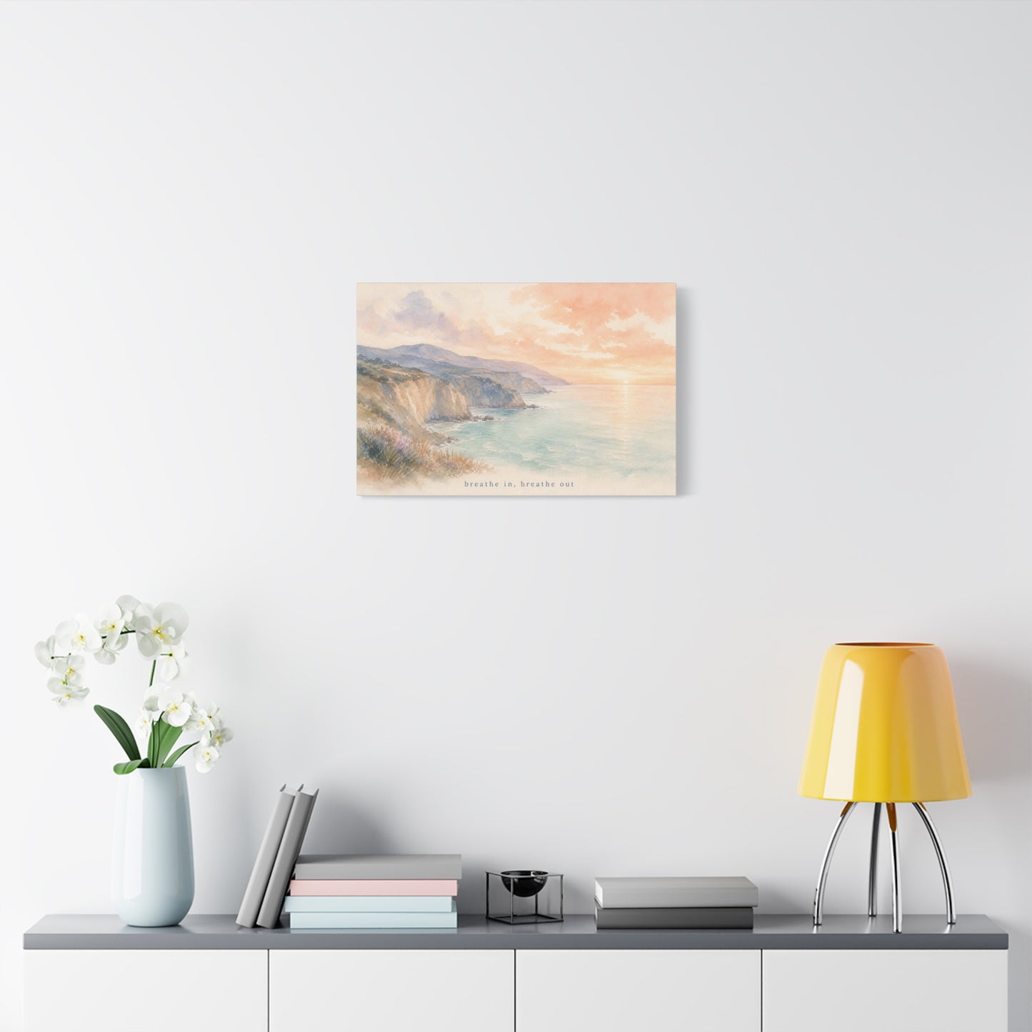 "Breathe In, Breathe Out" Coastal Sunset Canvas Wall Art - Watercolor Cliff Seascape, Jellyfish Room Decor, Serene Beach Landscape Print - Bedroom Home Decoration, Meditation Space - Office Wall Art