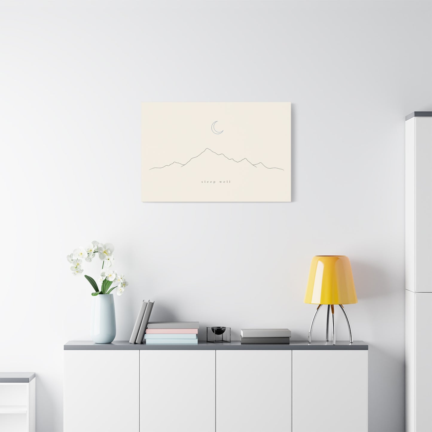 "Sleep Well" Minimalist Mountain Canvas Wall Art - Crescent Moon Line Drawing, Neutral Beige Canvas Print - Modern Bedroom Wall Decor, Nursery Home Decoration, Meditation Space - Ready to Hang