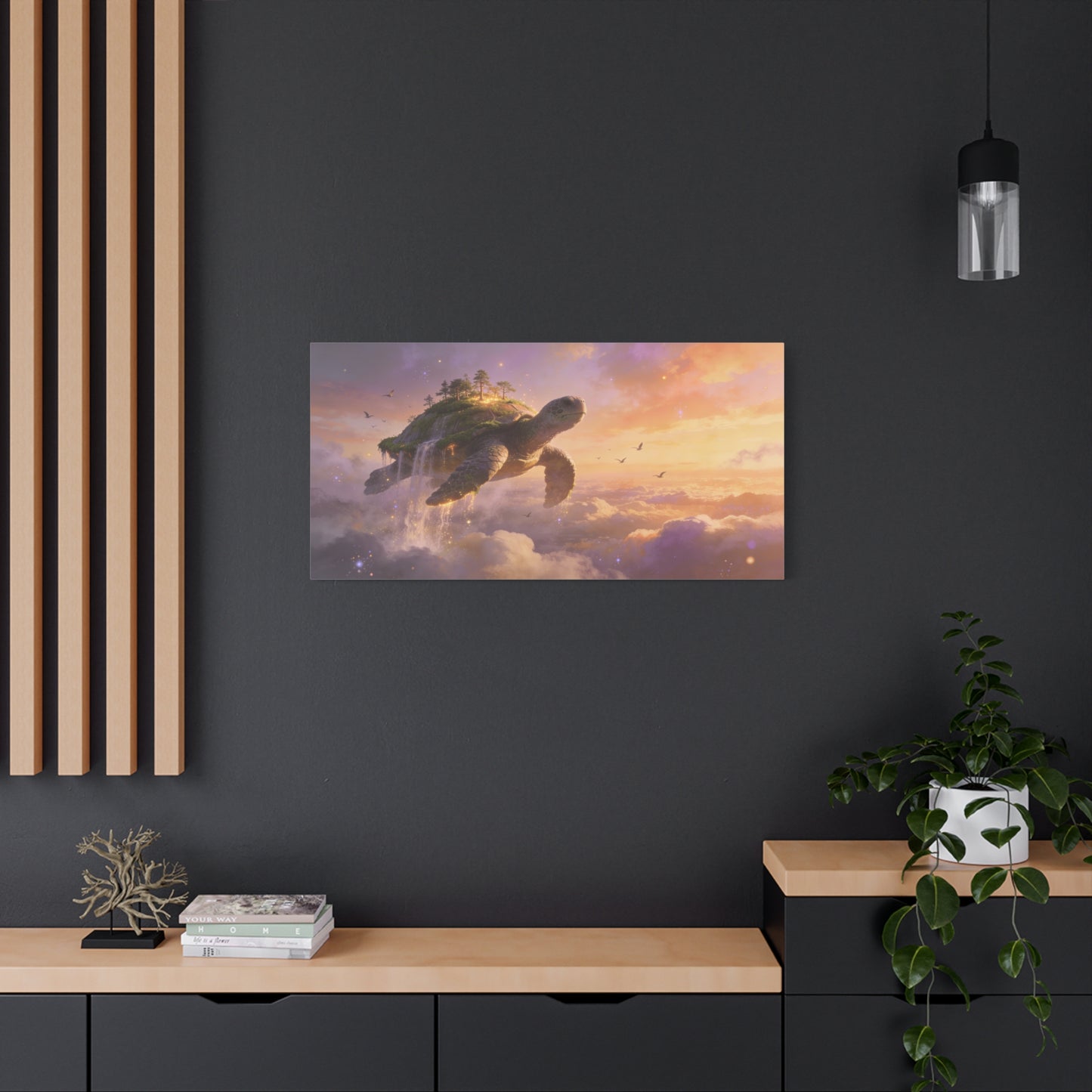 Flying Sea Turtle Canvas Wall Art - Fantasy Sky Island, Waterfall Clouds, Dreamy Surreal Canvas Print - Contemporary Celestial Style - Living Room Wall Decor, Bedroom Home Accent - Ready to Hang