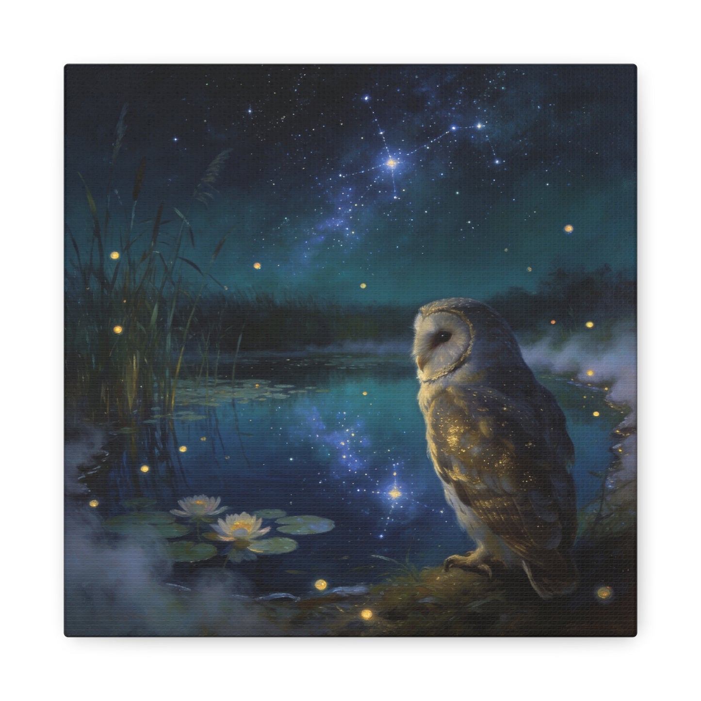 Barn Owl Canvas Wall Art - Moonlit Pond, Fireflies, Water Lilies, Starry Night Sky - Dreamy Wildlife Painting - Matte Finish Canvas Print - Bedroom Wall Decor, Nursery Accent - Bedroom Home Decoration