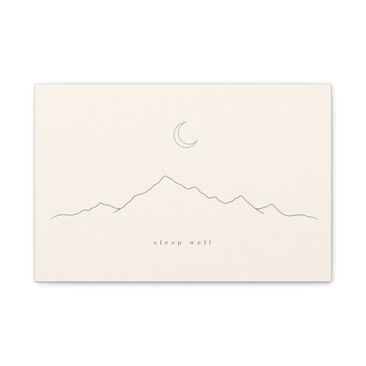 "Sleep Well" Minimalist Mountain Canvas Wall Art - Crescent Moon Line Drawing, Neutral Beige Canvas Print - Modern Bedroom Wall Decor, Nursery Home Decoration, Meditation Space - Ready to Hang