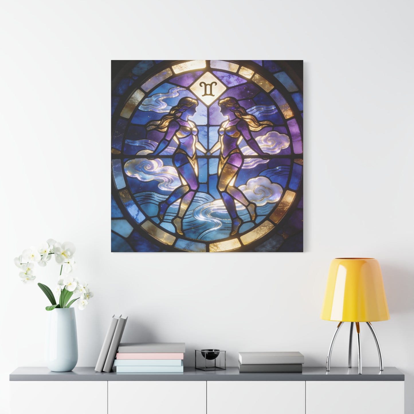 Gemini Zodiac Canvas Wall Art - Stained Glass Twin Women Celestial Print, Blue Purple Gold Astrology Decor - Modern Mystical Artwork - Bedroom Home Decoration Office Wall Art - Bedroom Home Decoration