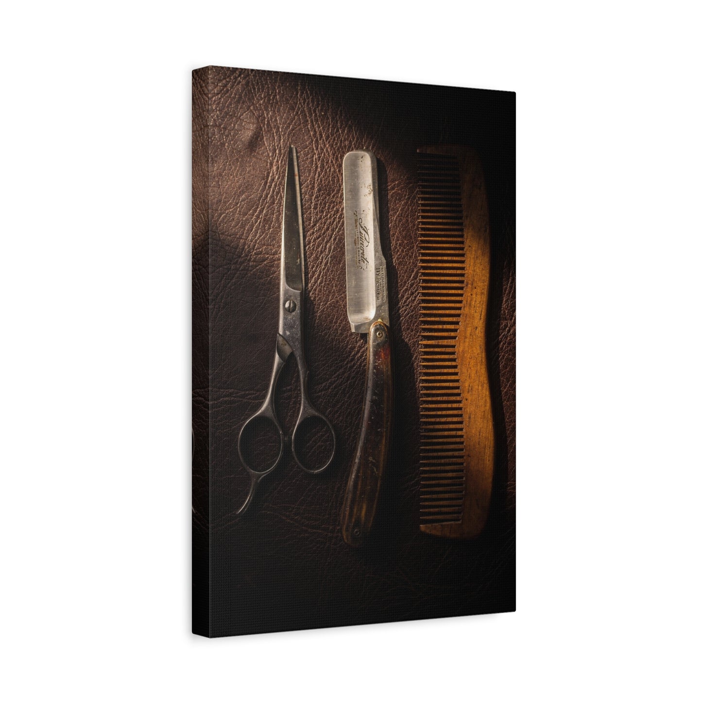 Vintage Barber Tools Canvas Wall Art - Scissors, Straight Razor, Wooden Comb Still Life - Rustic Art Print - Traditional Barbershop Decor, Salon Wall Accent, Home Office Display