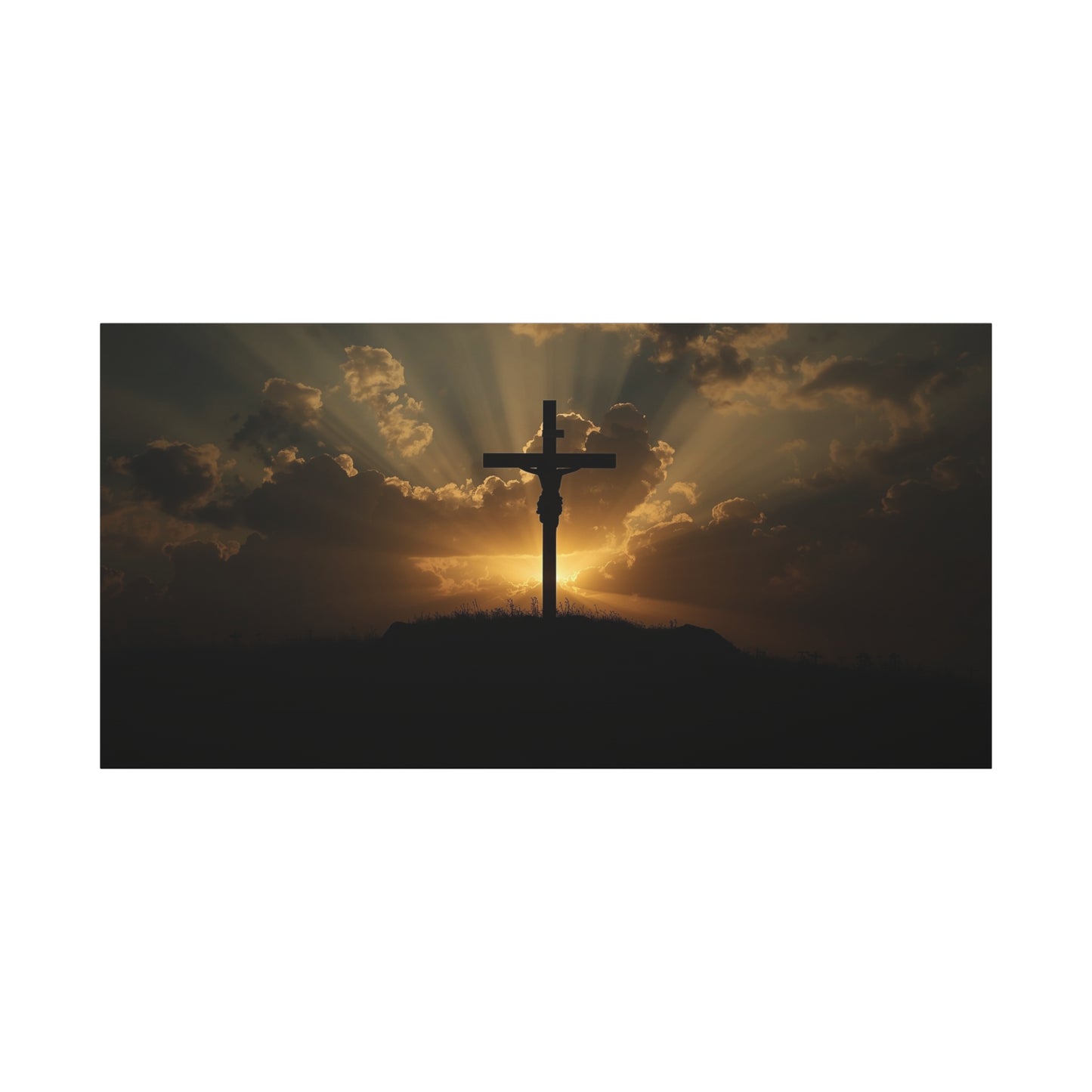 Jesus Christ Crucifix Canvas Wall Art - Sunset Cross Silhouette, Golden Sky Rays - Matte Cotton Print - Religious Christian Decor For Living Room, Bedroom, Office Wall Display - Modern Farmhouse Style