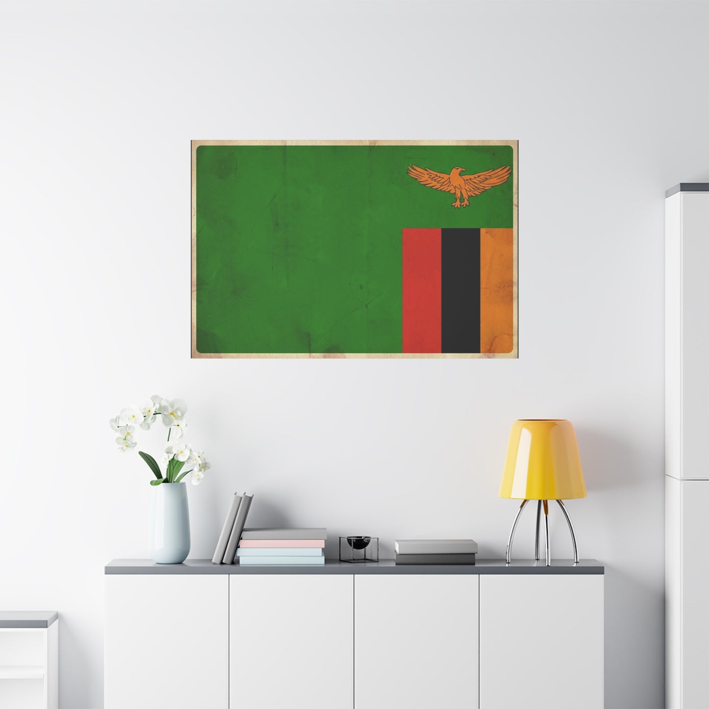 Zambia Flag Canvas Wall Art - Green Field, Orange Eagle, Red Black Gold Stripes - Vintage Patriotic Print - Living Room Wall Decor, Office Art - Bedroom Home Decoration - Bedroom Home Decoration