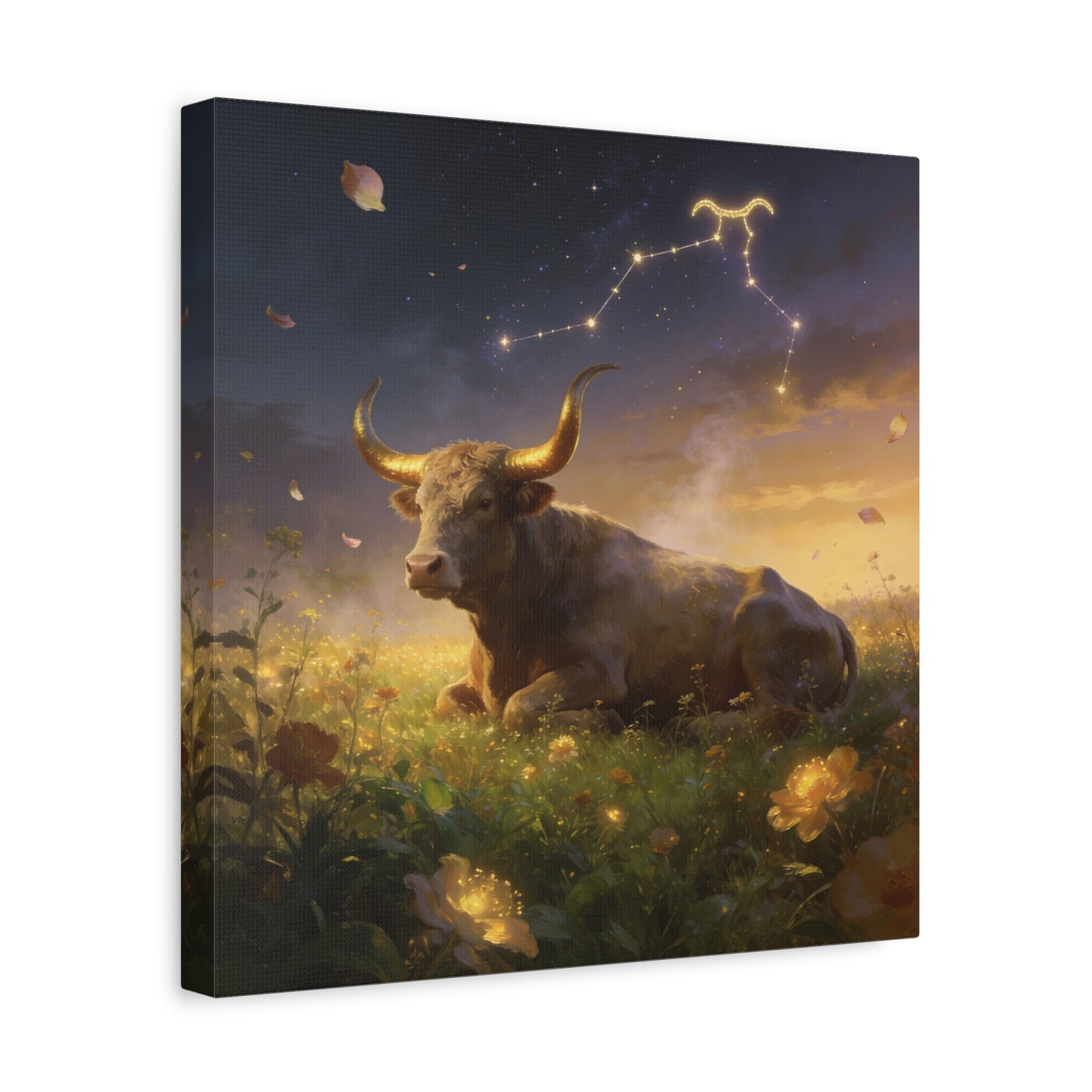 Taurus Zodiac Bull Canvas Wall Art - Celestial Constellation Night Meadow, Golden Horns, Dreamy Illustration - Matte Cotton Print - Bedroom Home Decoration, Office Wall Decor - Bedroom Home Decoration