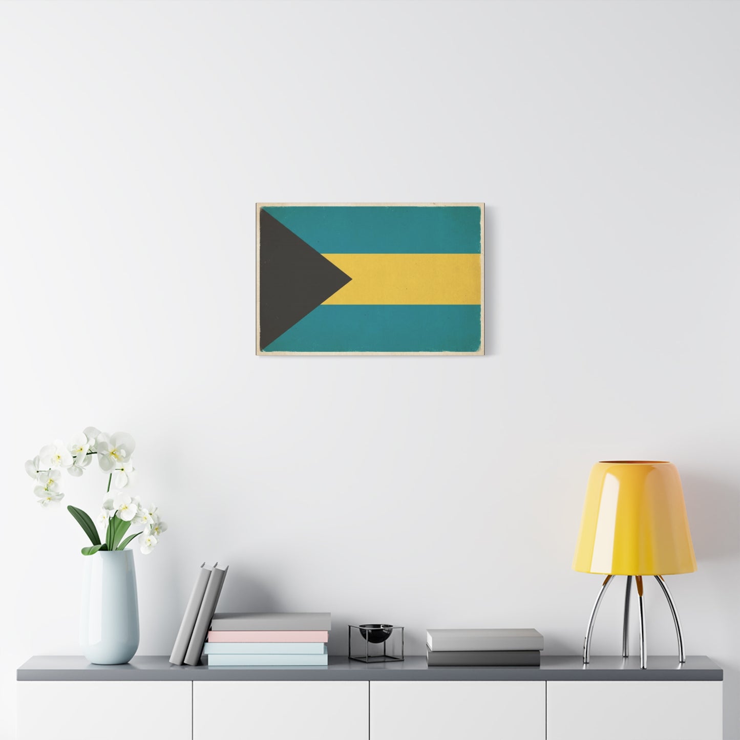 Bahamas Flag Canvas Wall Art - Vintage Caribbean National Flag Print, Blue Yellow Black Geometric Design - Coastal Decor - Living Room Home Decoration - Living Room Wall Decor - Modern Farmhouse Style