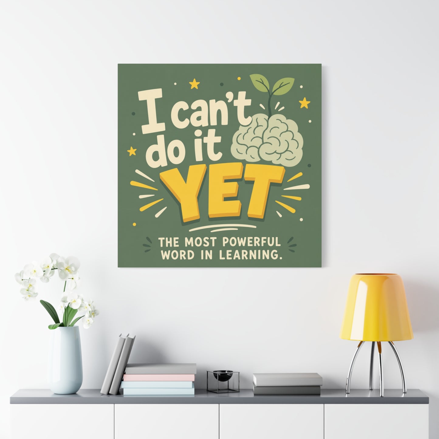 "I Can't Do It Yet" Motivational Canvas Wall Art - Growth Mindset Quote Print, Classroom Decor, Green Typography Poster, Teacher Office Wall Decor, Kids Study Room Decoration - Bedroom Home Decoration
