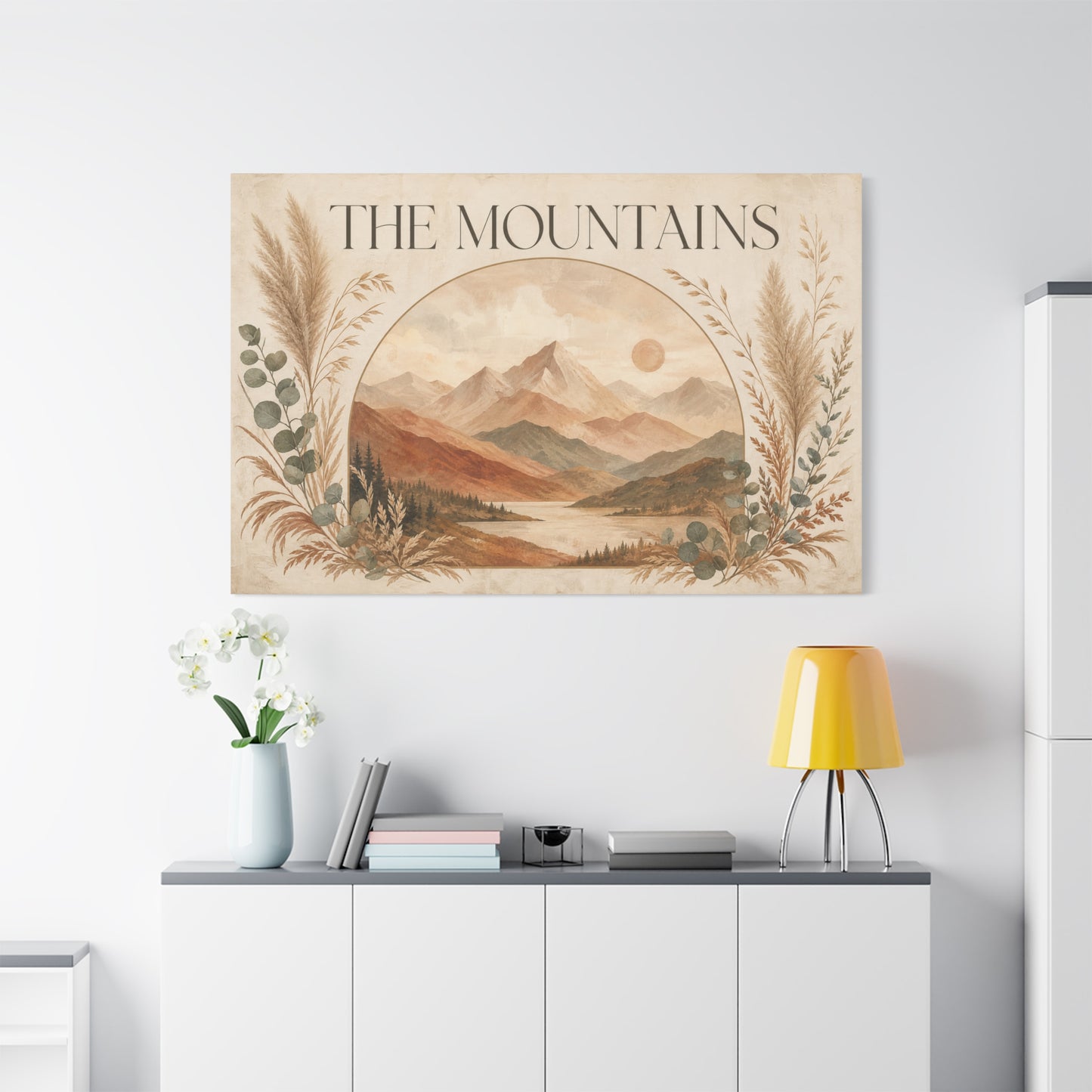 "The Mountains" Mountain Landscape Canvas Wall Art - Neutral Boho Nature Print, Desert Sun Lake Scene, Contemporary Rustic Style - Living Room Wall Decor, Bedroom Home Decoration - Ready to Hang