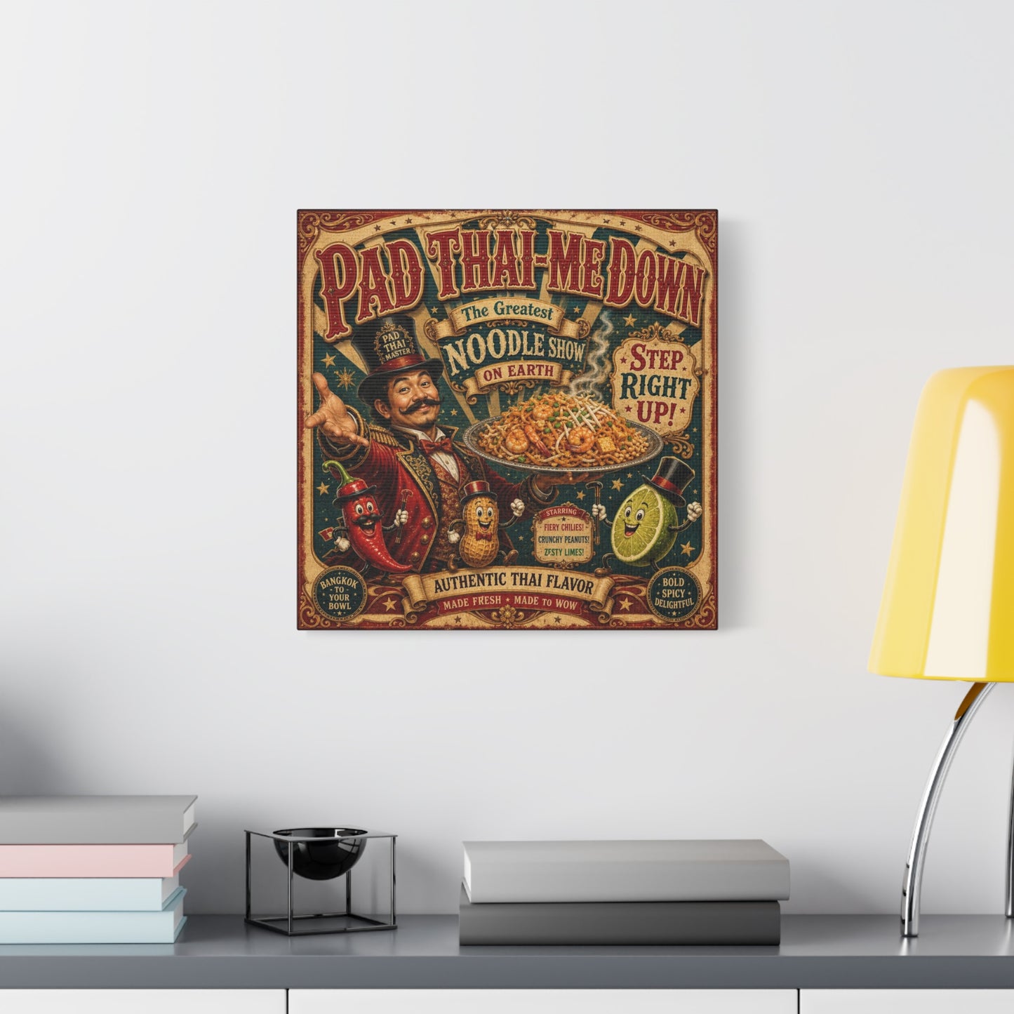 "Pad Thai-Me Down" Canvas Wall Art - Vintage Circus Noodle Poster, Typography Illustration, Whimsical Restaurant Decor, Cafe Wall Decor, Retro Kitchen Accent, Matte Canvas Print - Ready to Hang