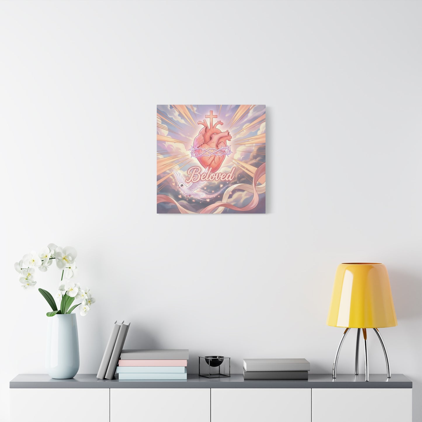 "Beloved" Sacred Heart Canvas Wall Art - Cross, Dove, Crown Of Thorns Christian Decor - Pink Pastel Religious Print - Inspirational Bedroom Home Decoration, Living Room Wall Decor - Ready to Hang