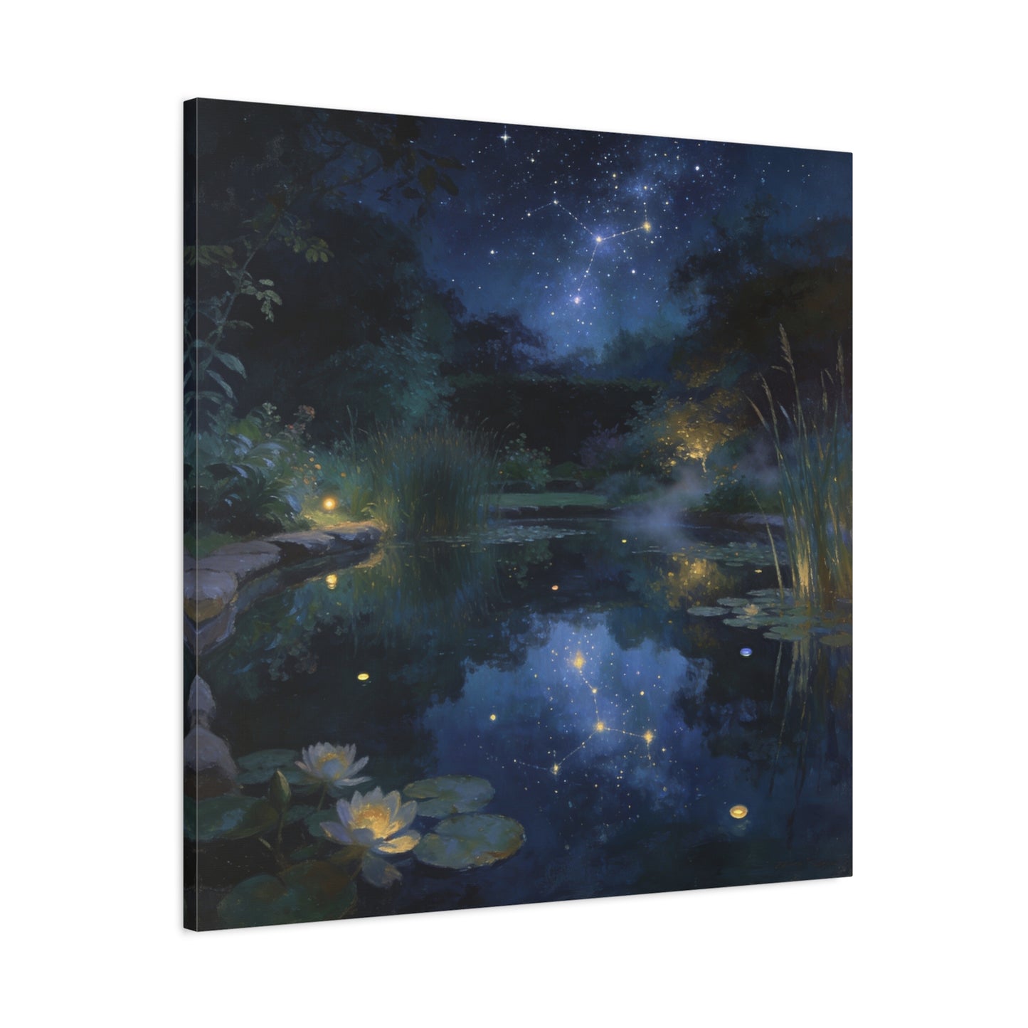 Starry Night Pond Canvas Wall Art - Moonlit Water Lilies, Celestial Reflection Landscape - Dreamy Matte Canvas Print - Traditional Nightscape Style - Living Room Wall Decor Bedroom Home Accent