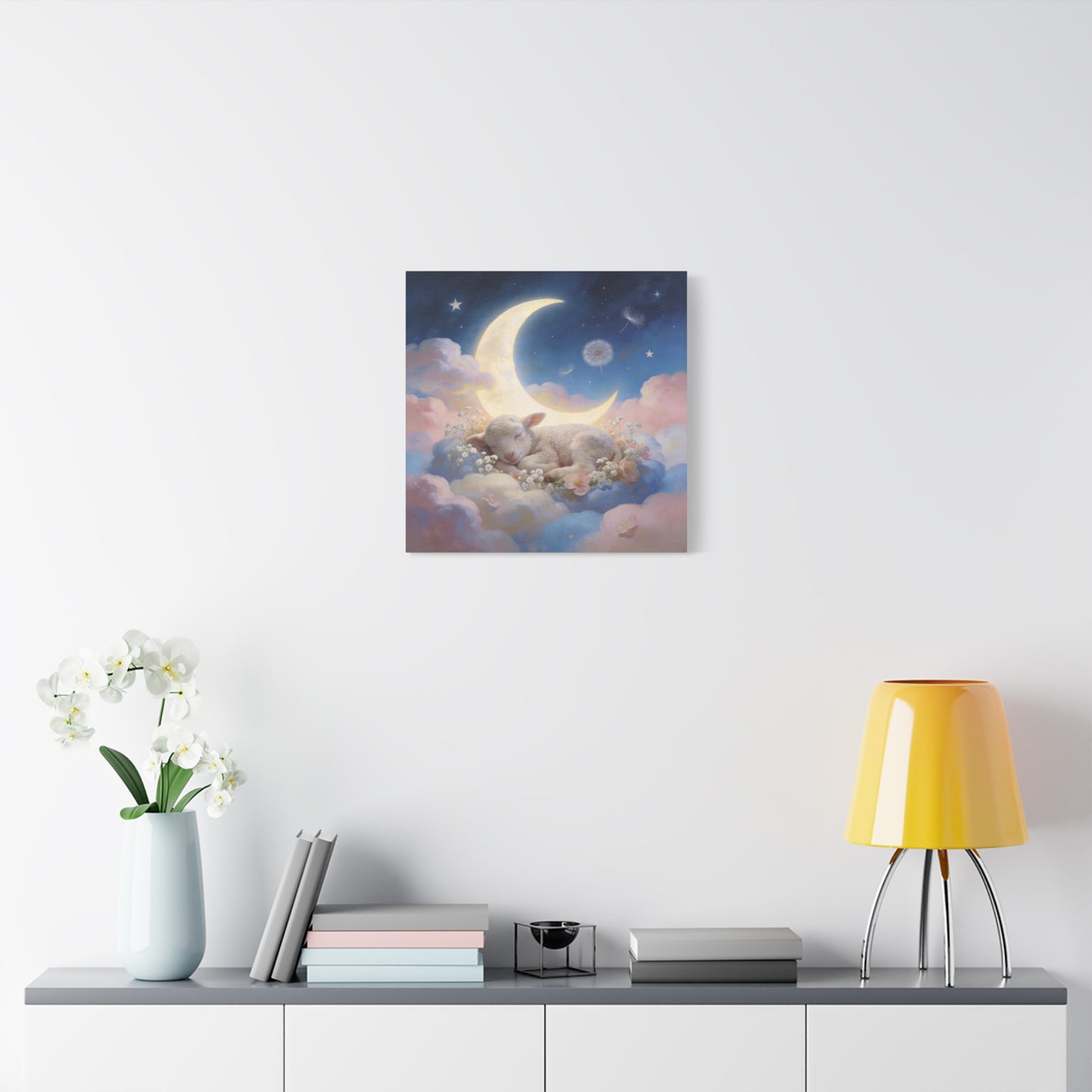 Sleeping Lamb Canvas Wall Art - Crescent Moon, Stars, Pink Clouds Nursery Decor - Dreamy Pastel Canvas Print - Whimsical Storybook Style - Bedroom Home Decoration, Kids Room Accent - Office Wall Art