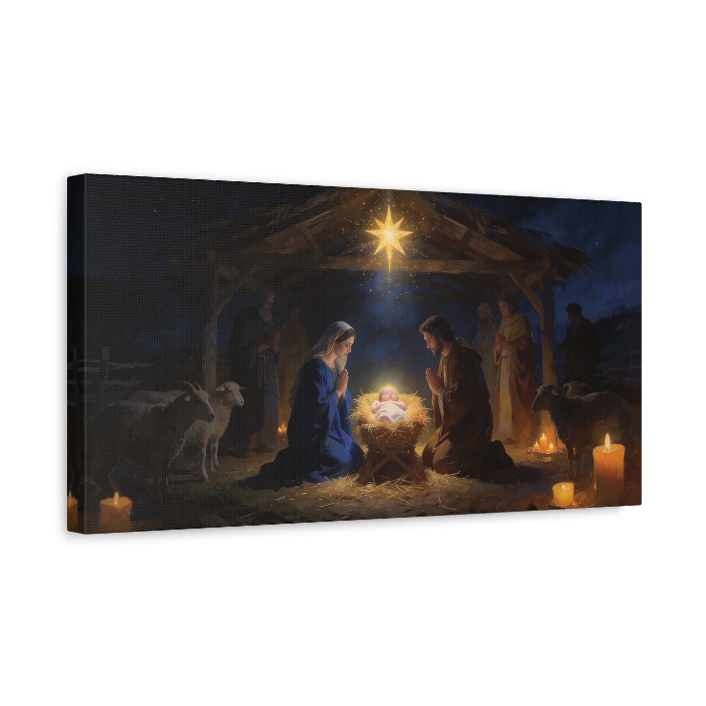 Nativity Scene Canvas Wall Art - Virgin Mary, Joseph, Baby Jesus In Manger - Starry Stable Religious Print - Traditional Christian Decor - Living Room Wall Decor Bedroom Home Decoration