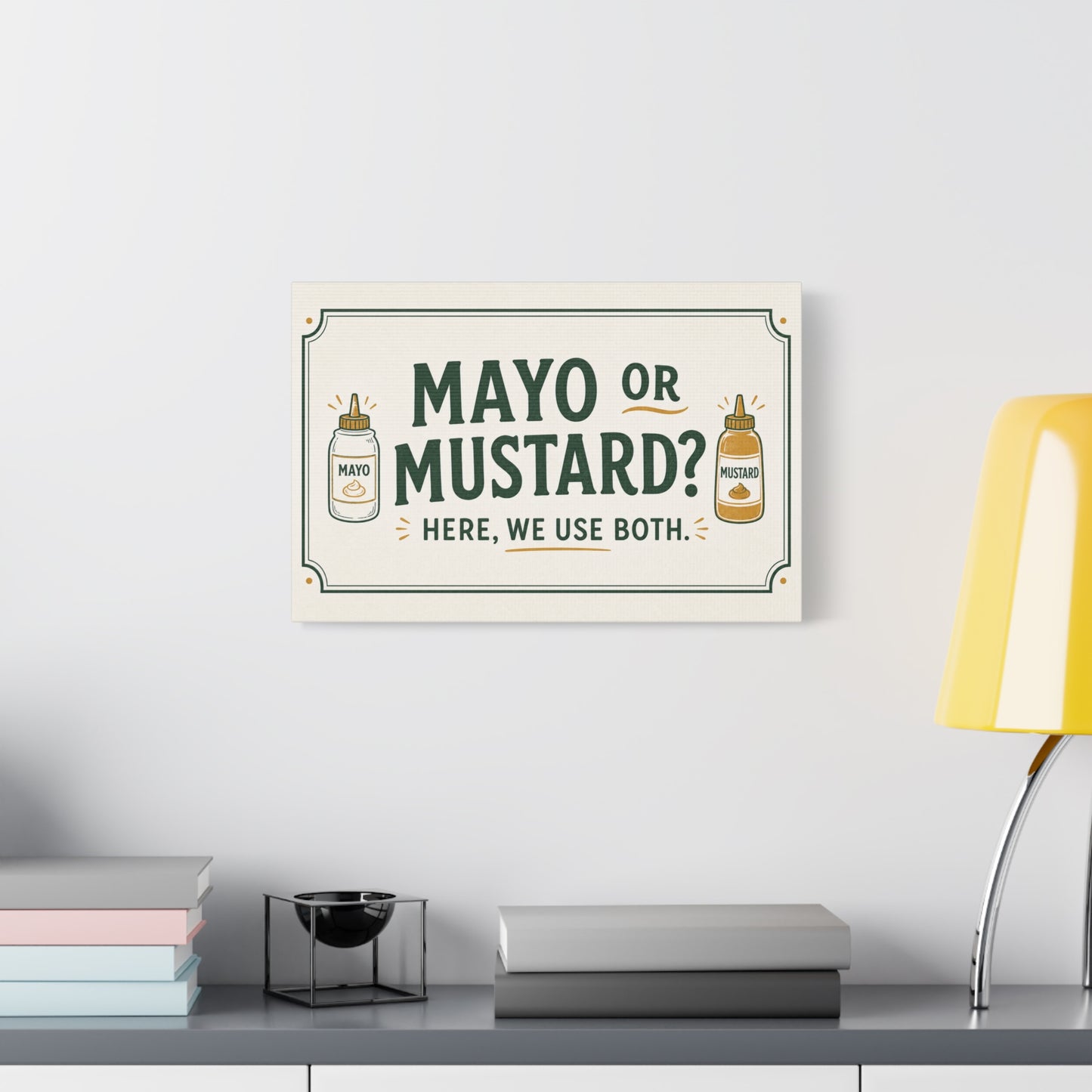 "Mayo Or Mustard Here, We Use Both." Funny Kitchen Canvas Wall Art - Condiment Quote Print, Retro Typography Food Decor, Farmhouse Dining Room Decoration - Living Room Wall Decor - Ready to Hang