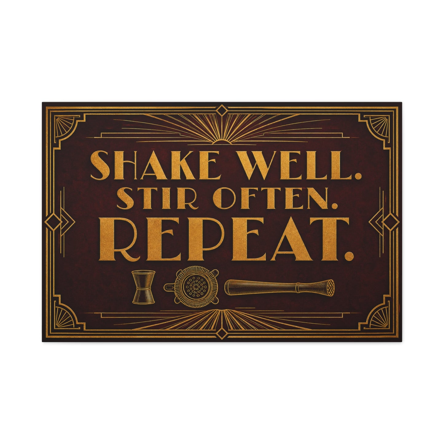 "Shake Well. Stir Often. Repeat." Cocktail Canvas Wall Art - Art Deco Bar Quote Print, Vintage Gold Typography, Speakeasy Lounge Decor, Home Bar Decoration - Ready to Hang - Tavern Wall Decor