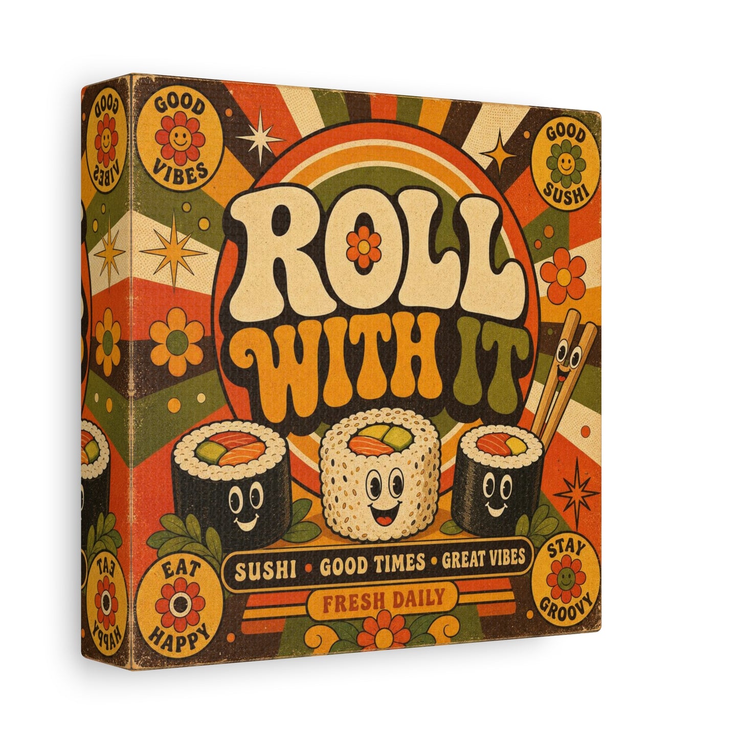 "Roll With It" Sushi Canvas Wall Art - Retro Typography Food Illustration, Groovy Orange Green Bohemian Print, Cafe Wall Decor, Kitchen Room Decoration, Vintage Poster Style - Bedroom Home Decoration
