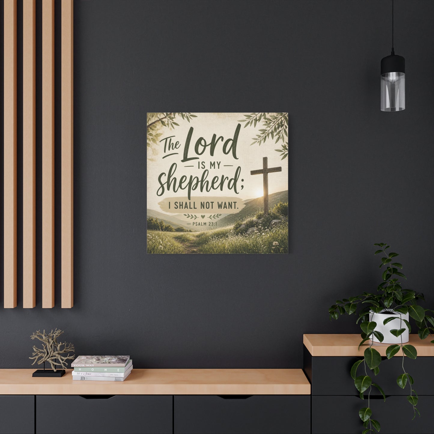 "The Lord Is My Shepherd, I Shall Not Want. - Psalm 23:1" Christian Canvas Wall Art - Rustic Cross Meadow Landscape, Farmhouse Scripture Decor, Bedroom Living Room Wall Hanging - Ready to Hang