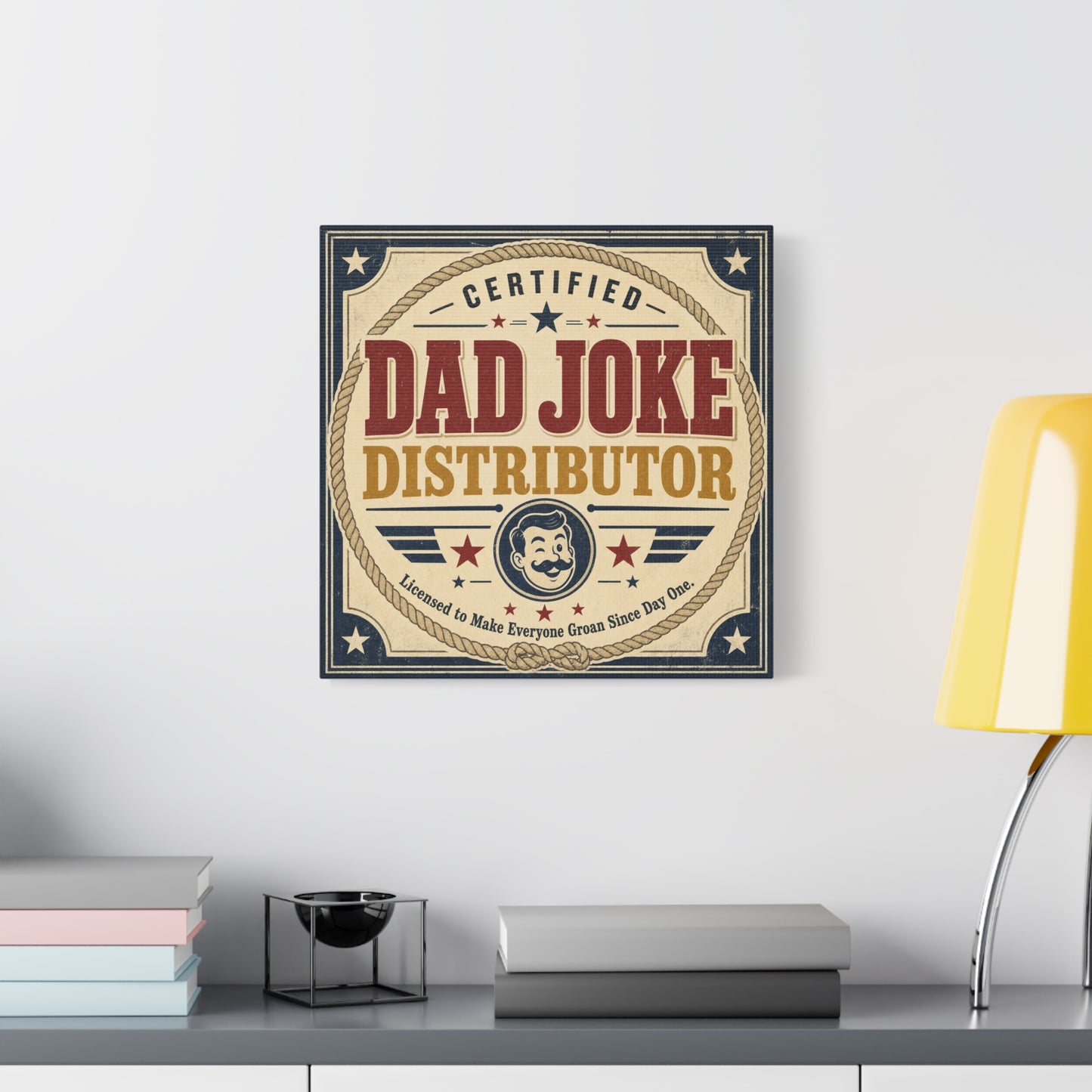 "Dad Joke Distributor" Funny Canvas Wall Art - Vintage Typography Humor Print, Retro Patriotic Stars And Mustache Illustration - Farmhouse Office Decor, Man Cave Wall Hanging - Bedroom Home Decoration