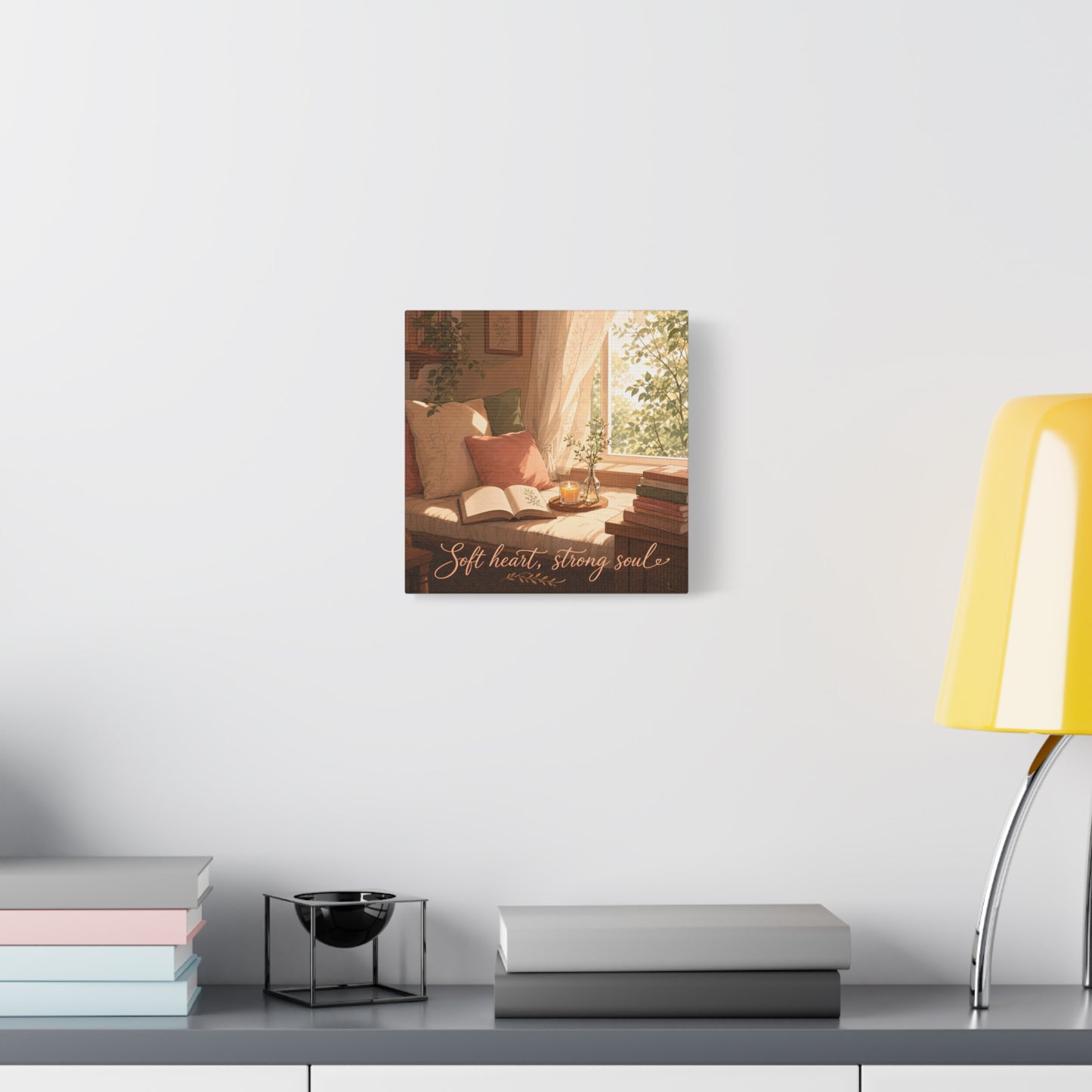 "Soft Heart, Strong Soul" Reading Nook Canvas Wall Art - Sunlit Window Seat, Books, Candle, Botanical Bedroom Decor - Cozy Cottagecore Style - Living Room Wall Decor - Bedroom Home Decoration