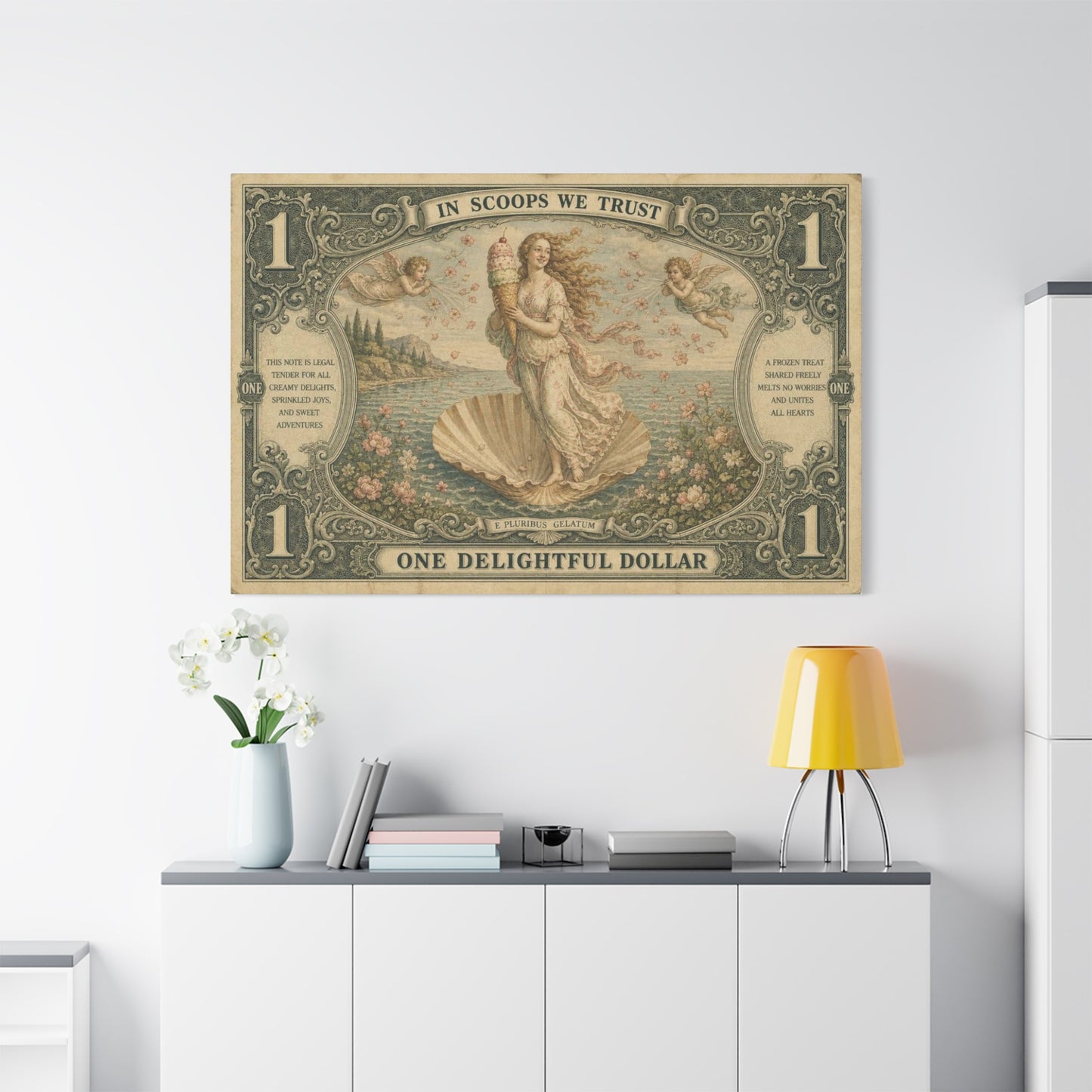 "In Scoops We Trust" Ice Cream Venus Canvas Wall Art - Vintage Parody Currency Print, Mythological Seaside Illustration, Whimsical Retro Decor, Living Room Bedroom Office Accent - Office Wall Art