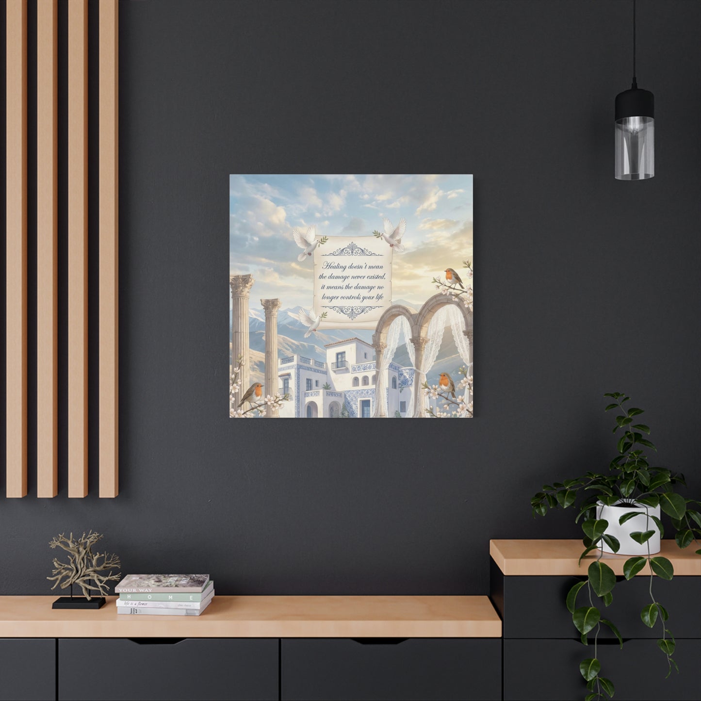 "The Damage No Longer Controls Your Life" Inspirational Canvas Wall Art - Doves, Robins, Classical Arches, Mountain Villa Quote Print - Matte Finish Canvas - Bedroom Home Decoration, Meditation Space