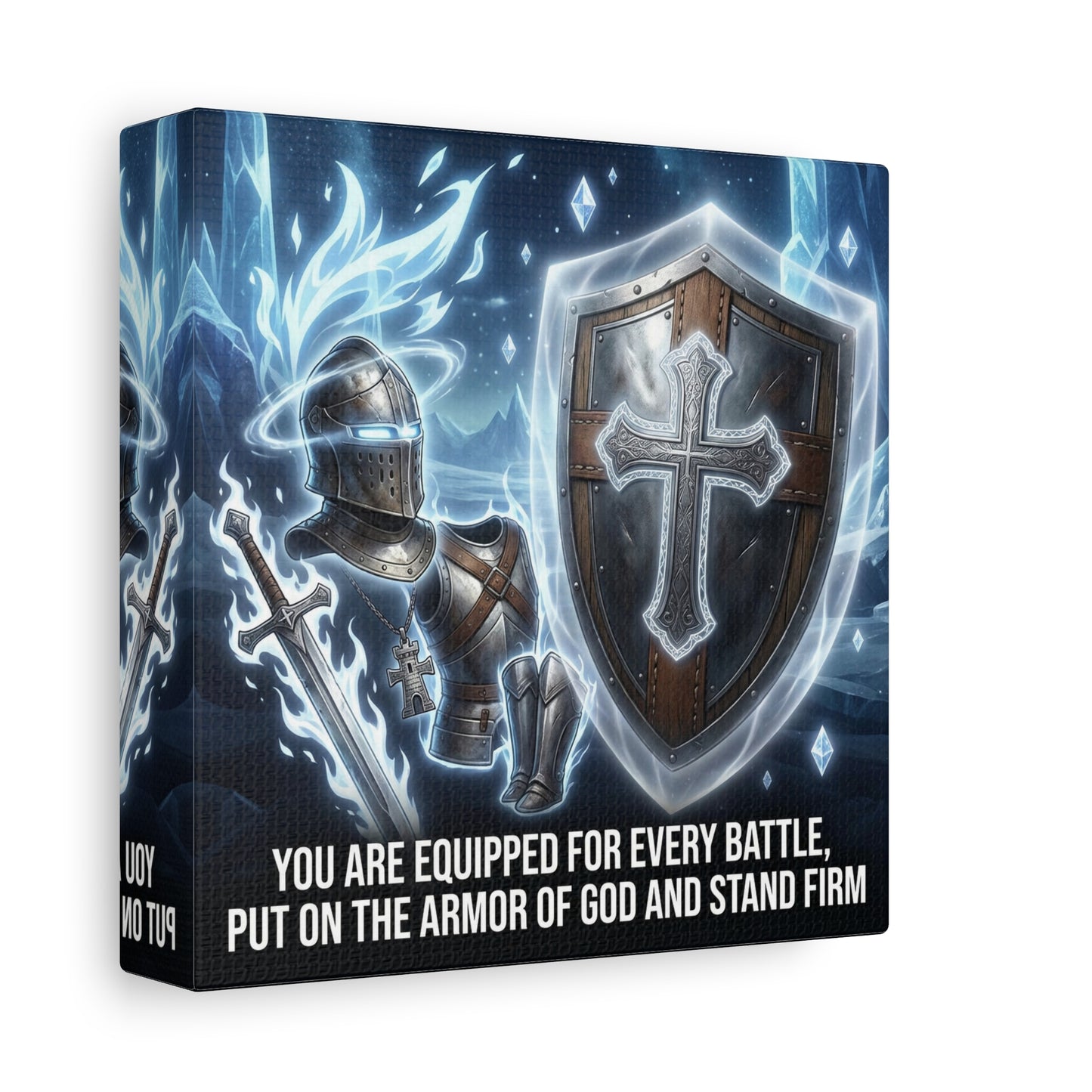 "You Are Equipped For Every Battle, Put On The Armor Of God And Stand Firm" Christian Canvas Wall Art - Knight Armor, Cross Shield, Scripture Decor - Blue Fantasy Style - Living Room - Office Wall Art