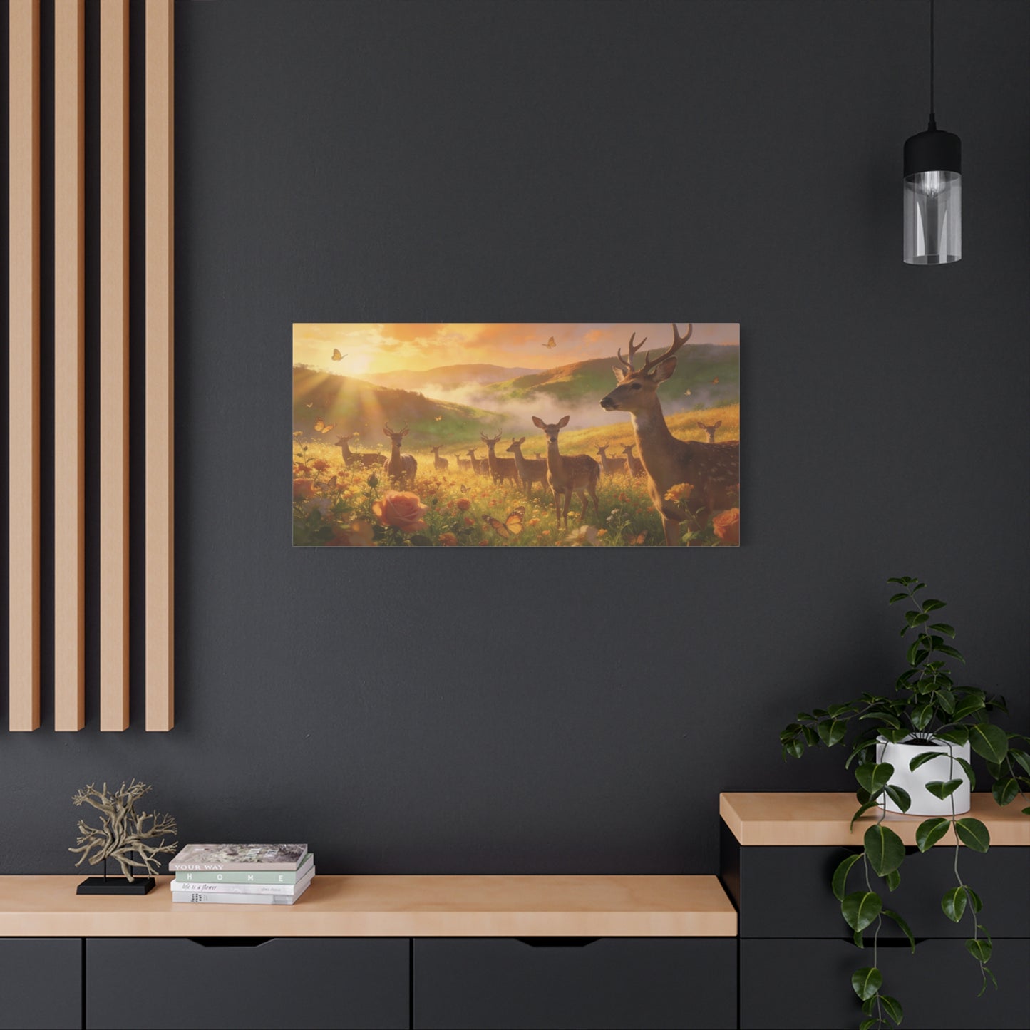 Deer Meadow Canvas Wall Art - Golden Sunrise Wildlife Landscape, Butterflies, Floral Field - Matte Finish Canvas Print - Rustic Nature Style, Living Room Wall Decor - Bedroom Home Decoration