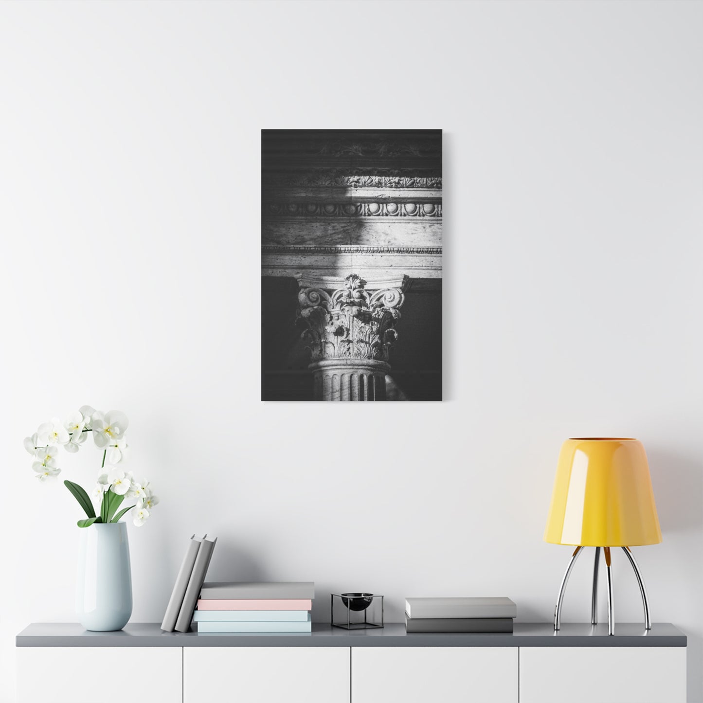 Black And White Corinthian Column Canvas Wall Art - Architectural Art Print, Dramatic Light And Shadow, Matte Cotton Decor - Minimalist Living Room Wall Decor, Office Art - Ready to Hang