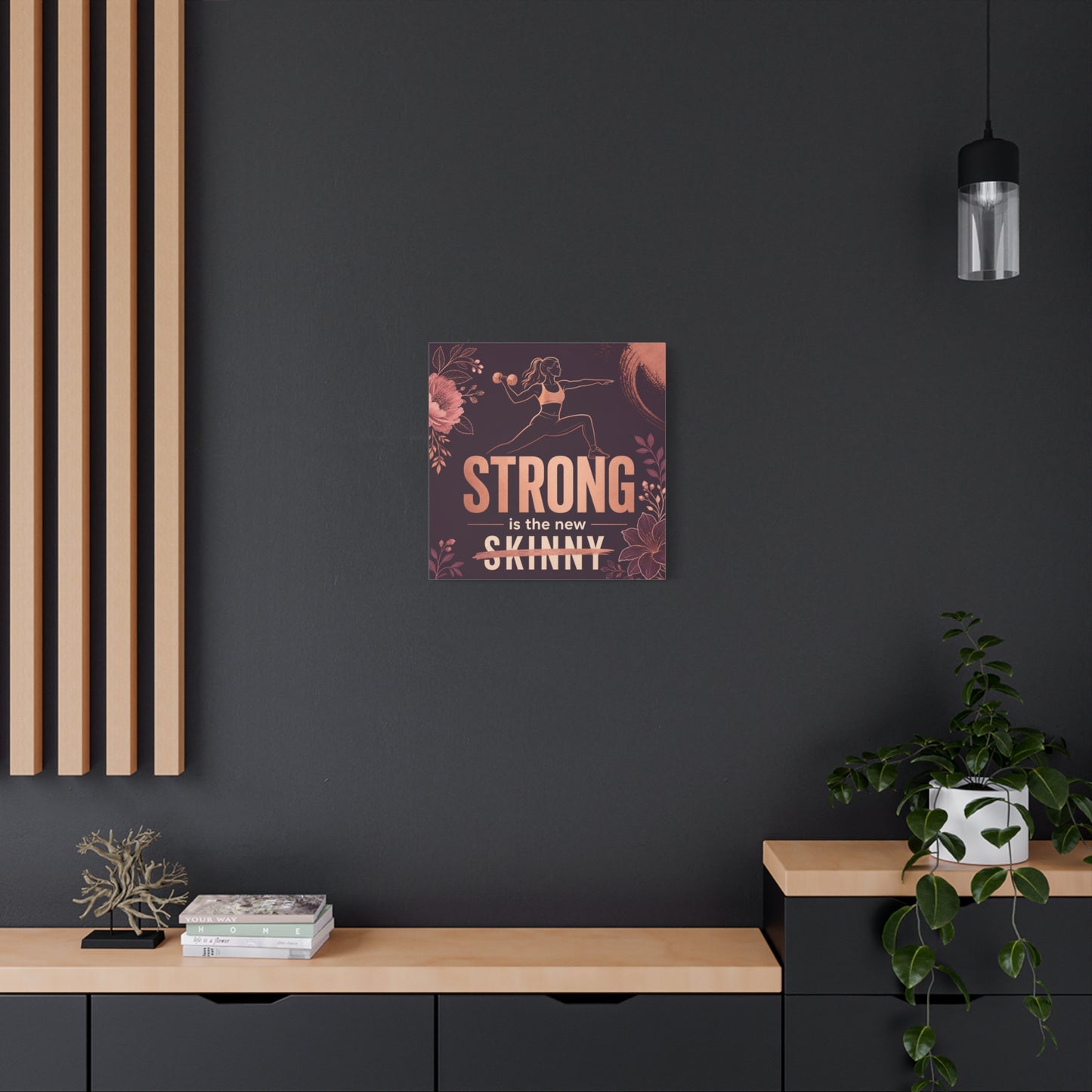 "Strong Is The New Skinny" Fitness Canvas Wall Art - Woman With Dumbbell Floral Quote Print - Rose Gold Motivational Decor - Modern Bedroom Wall Decor - Bedroom Home Decoration - Cozy Reading Nook Art