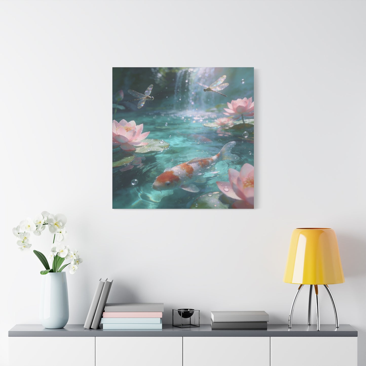 Koi Fish Lotus Canvas Wall Art - Dragonflies Over Teal Pond Water, Pink Water Lily Floral Scene - Dreamy Matte Canvas Print - Bedroom Wall Decor, Living Room Home Accent - Bedroom Home Decoration