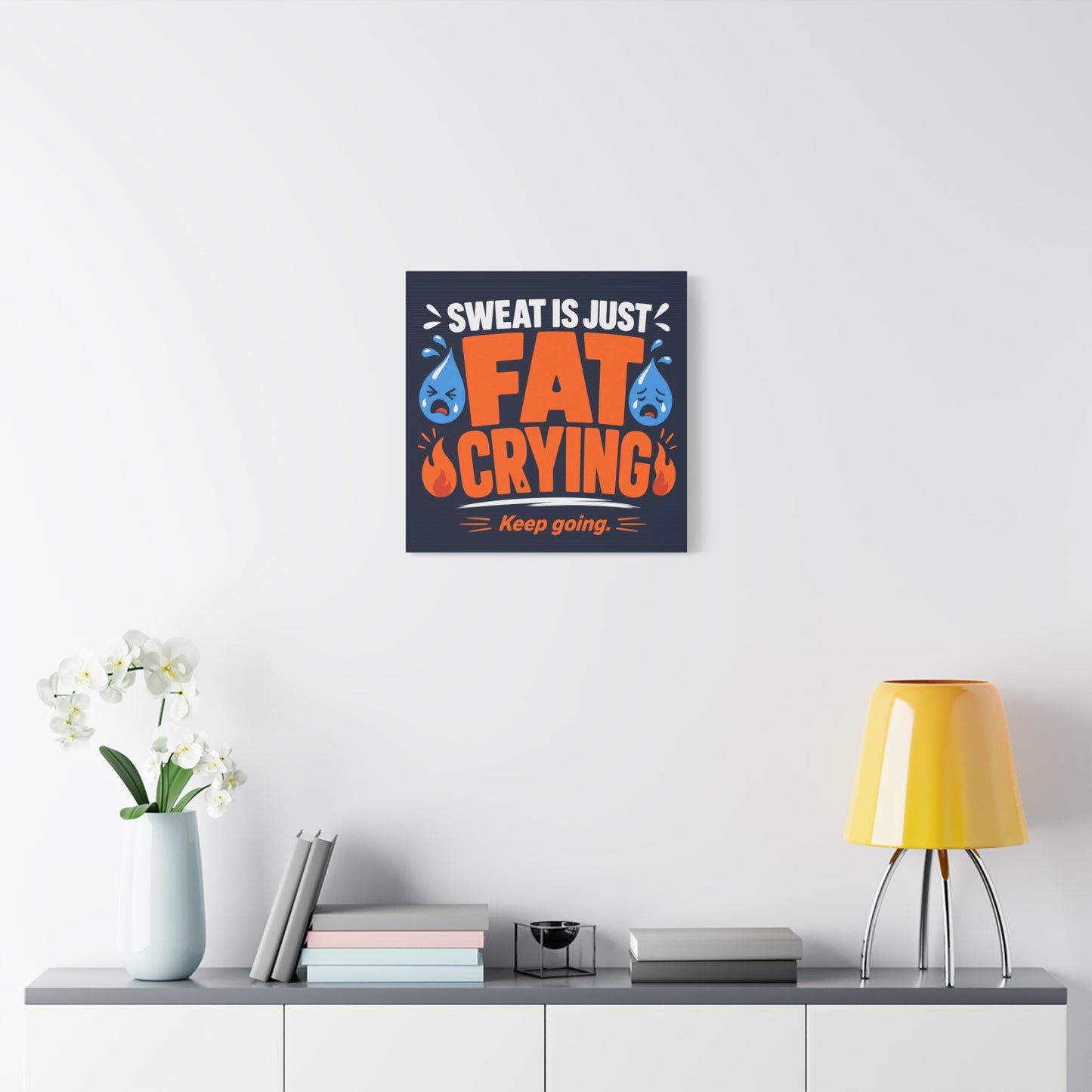 "Sweat Is Just Fat Crying Keep Going" Typography Canvas Wall Art - Funny Gym Motivation Quote Print, Navy Orange Blue Workout Decor - Modern Home Office Wall Decor - Ready to Hang - Ready to Hang