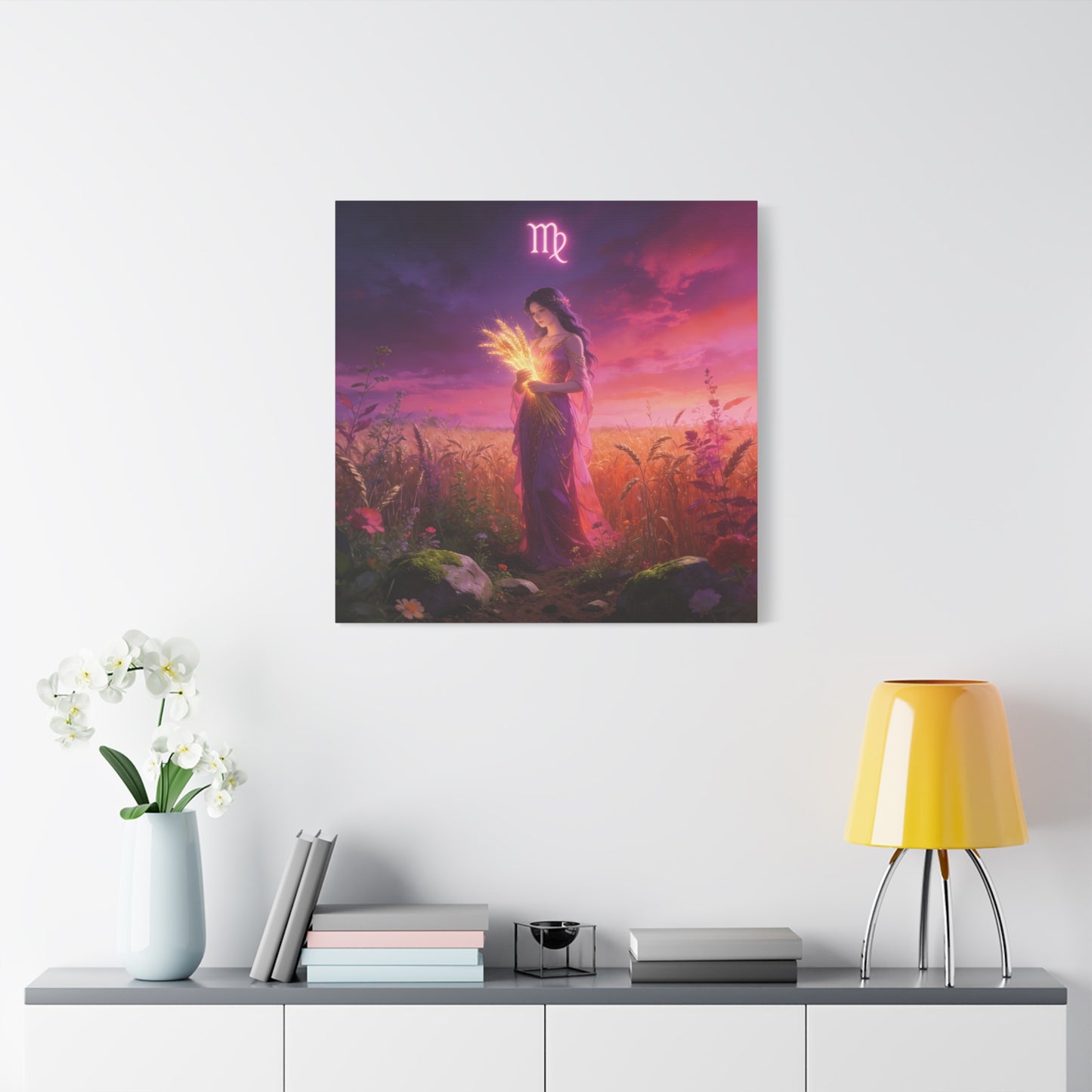Virgo Zodiac Canvas Wall Art - Maiden Holding Glowing Wheat, Purple Twilight Field - Fantasy Illustration, Matte Canvas Print - Bedroom Wall Decor, Meditation Space Accent - Bedroom Home Decoration