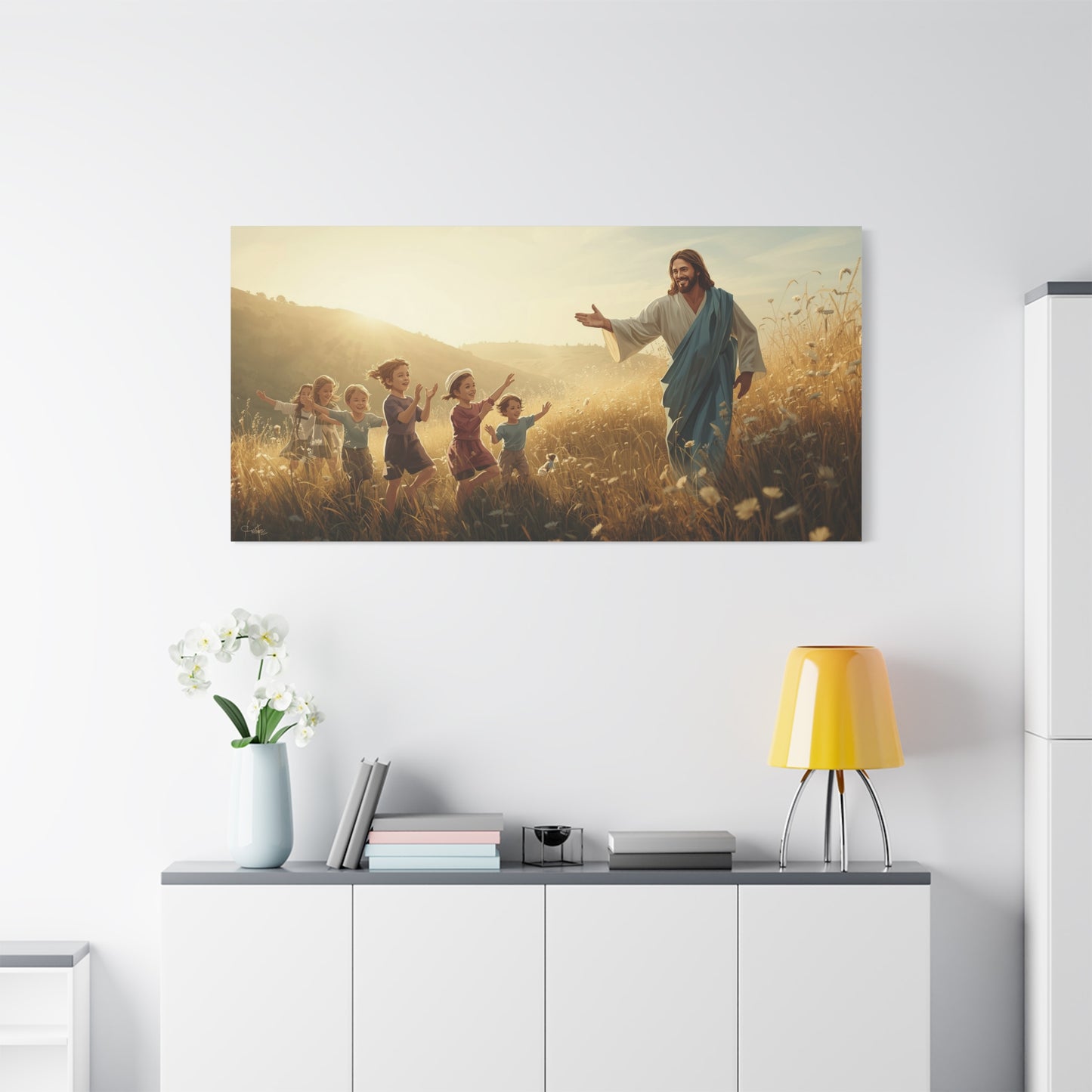 Jesus Christ With Children Canvas Wall Art - Golden Meadow Christian Print - Matte Cotton Ready to Hang - Traditional Religious Decor for Living Room, Bedroom, Nursery, Office - Living Room Wall Decor