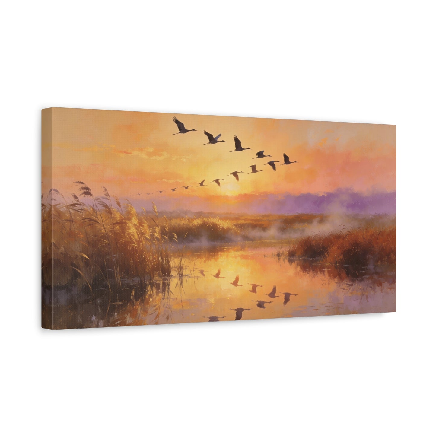 Flying Cranes Sunset Canvas Wall Art - Marsh Landscape Bird Painting, Golden Reeds Reflection, Matte Canvas Print - Traditional Style - Living Room Wall Decor Bedroom Decoration - Ready to Hang